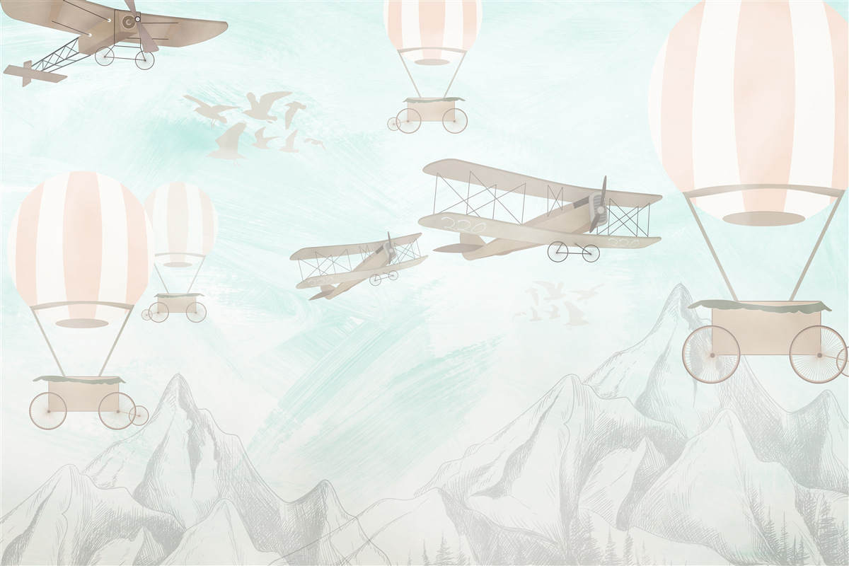 Фотошпалери над горами літають повітряні кулі та літаки