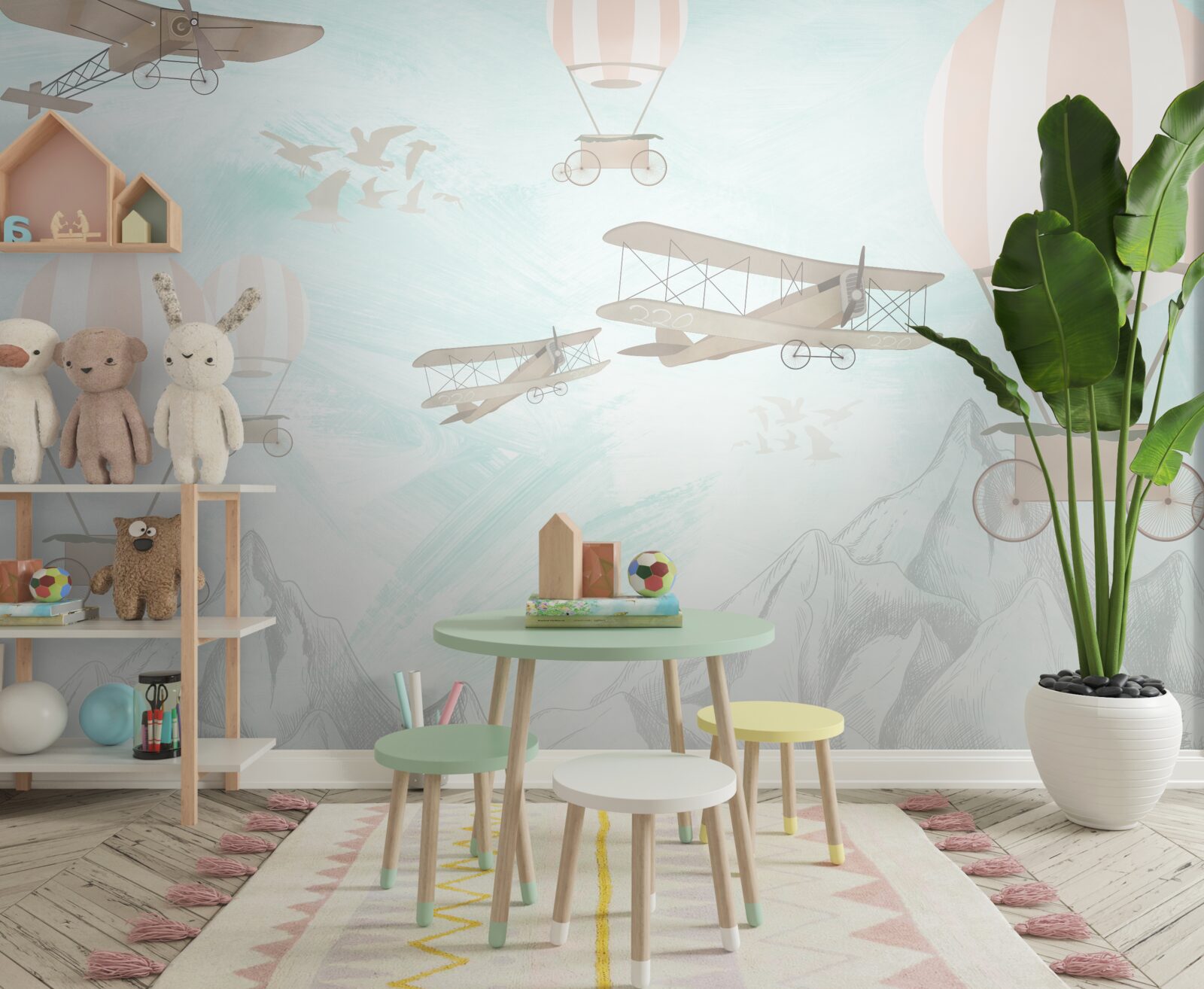 Фотошпалери над горами літають повітряні кулі та літаки