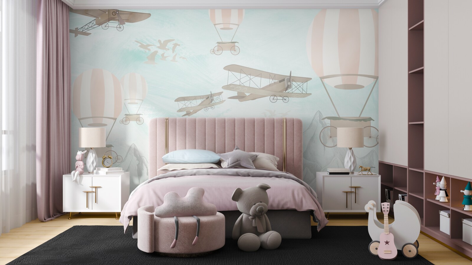 Фотошпалери над горами літають повітряні кулі та літаки