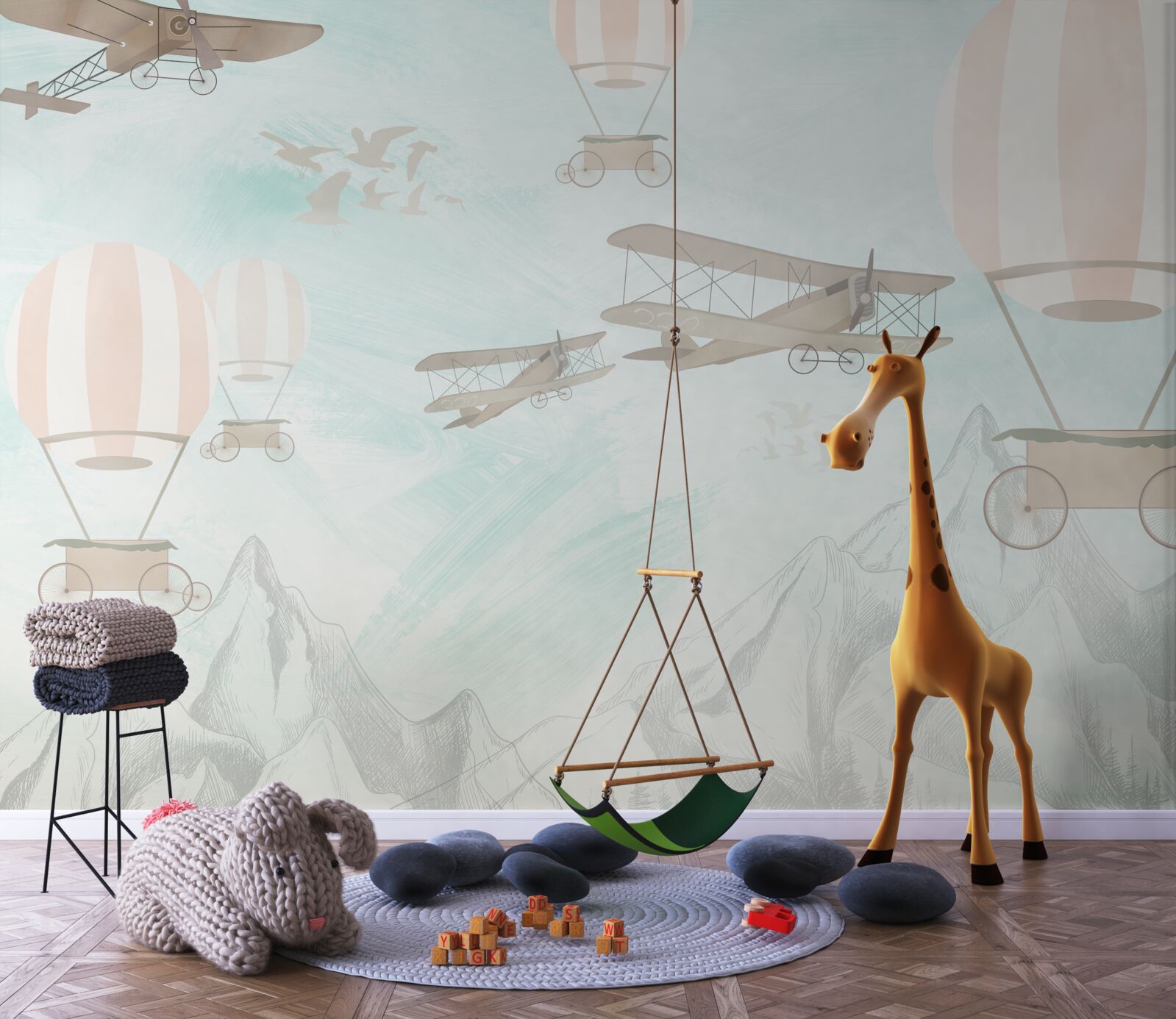 Фотошпалери над горами літають повітряні кулі та літаки