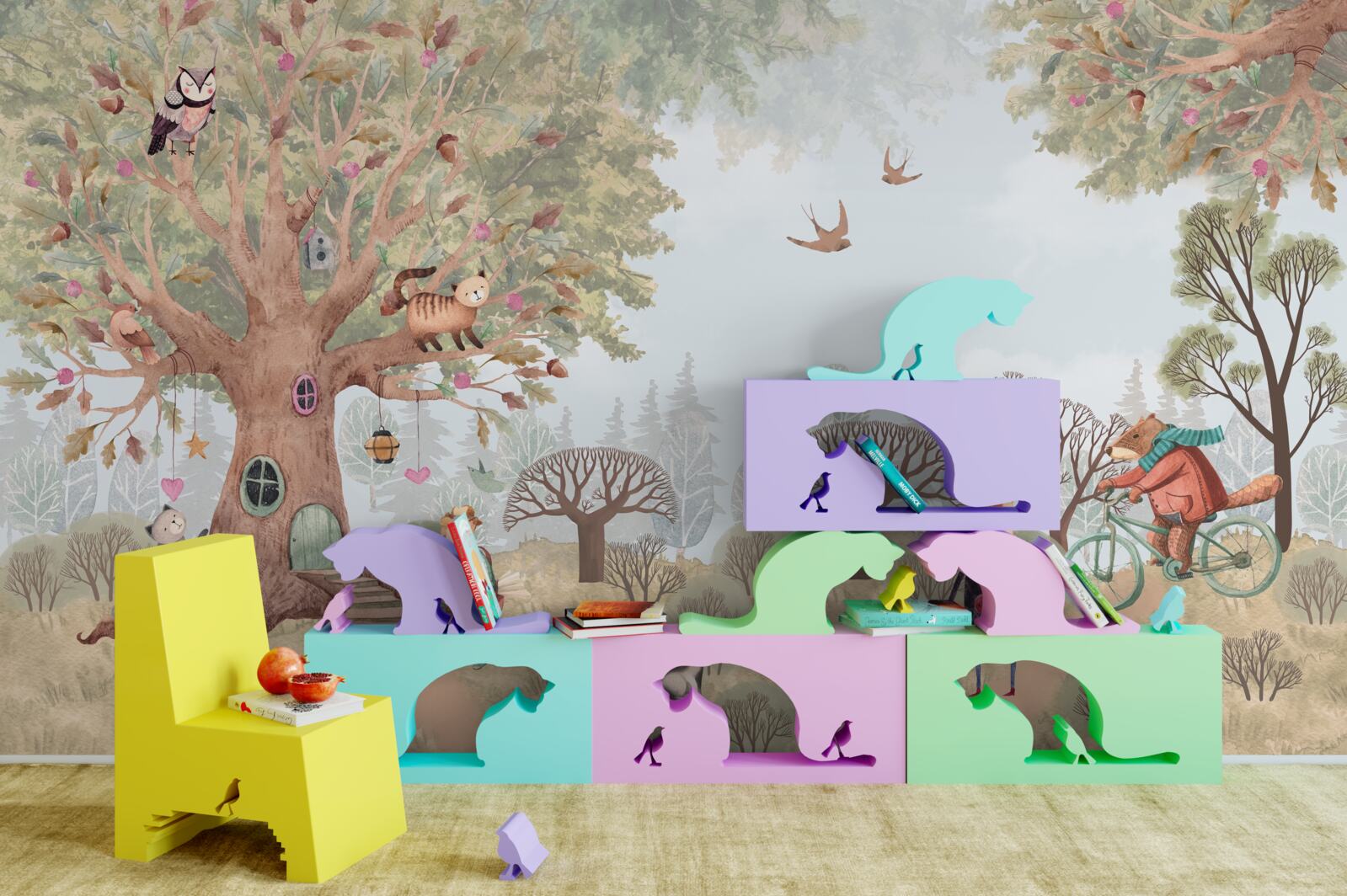 Фотошпалери будиночок для тварин на чарівному дереві