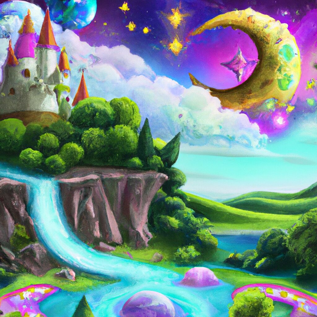 Фотошпалери казковий водоспад біля неприступної фортеці