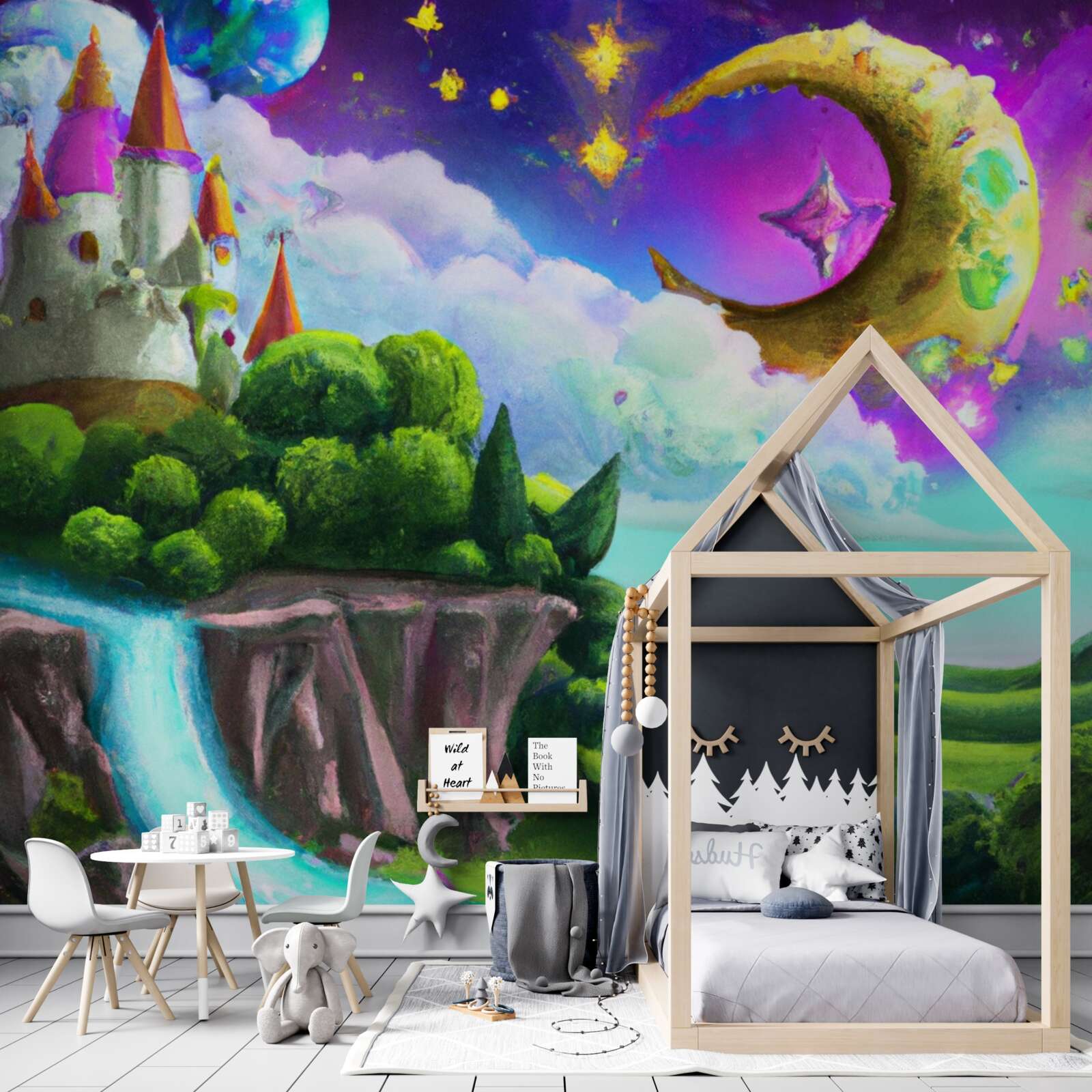 Фотошпалери казковий водоспад біля неприступної фортеці