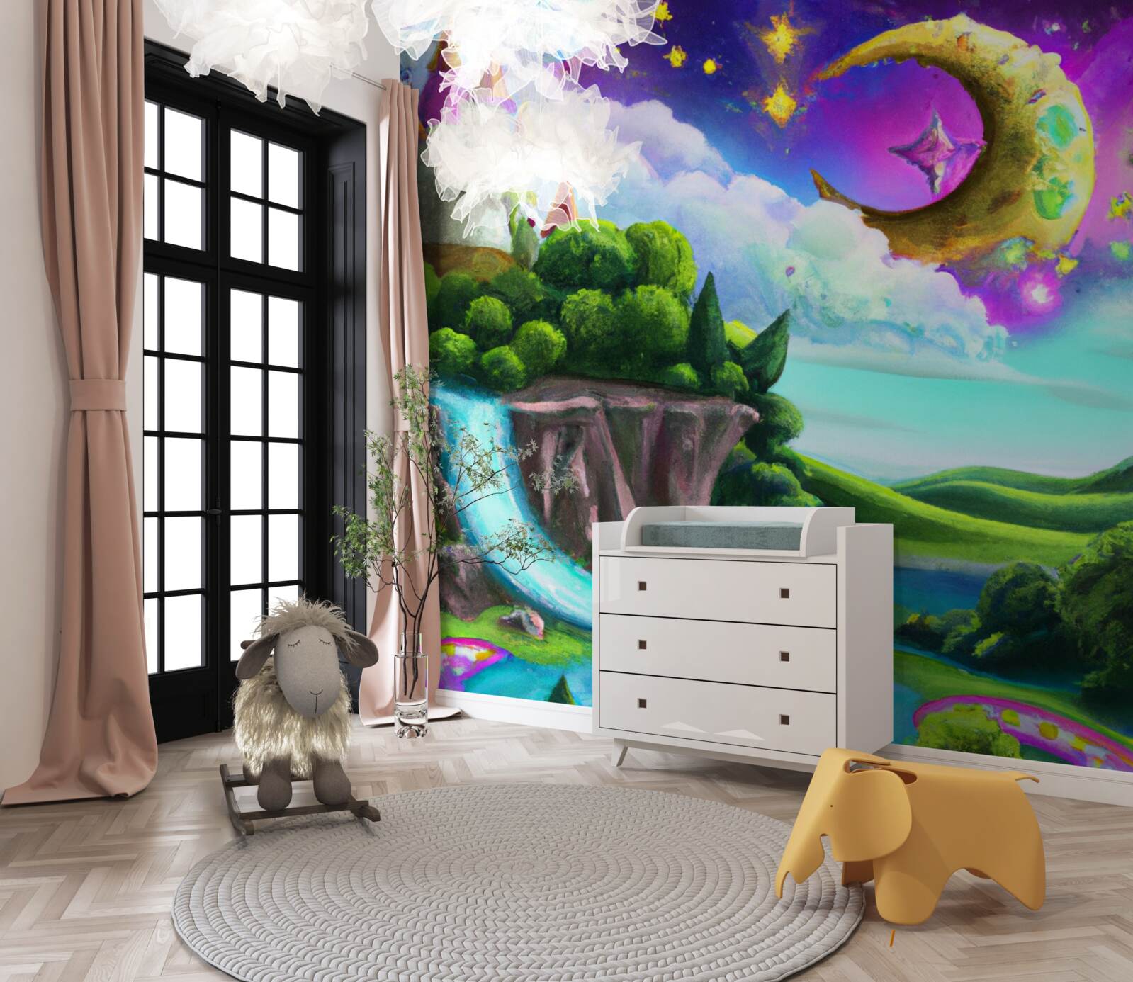 Фотошпалери казковий водоспад біля неприступної фортеці