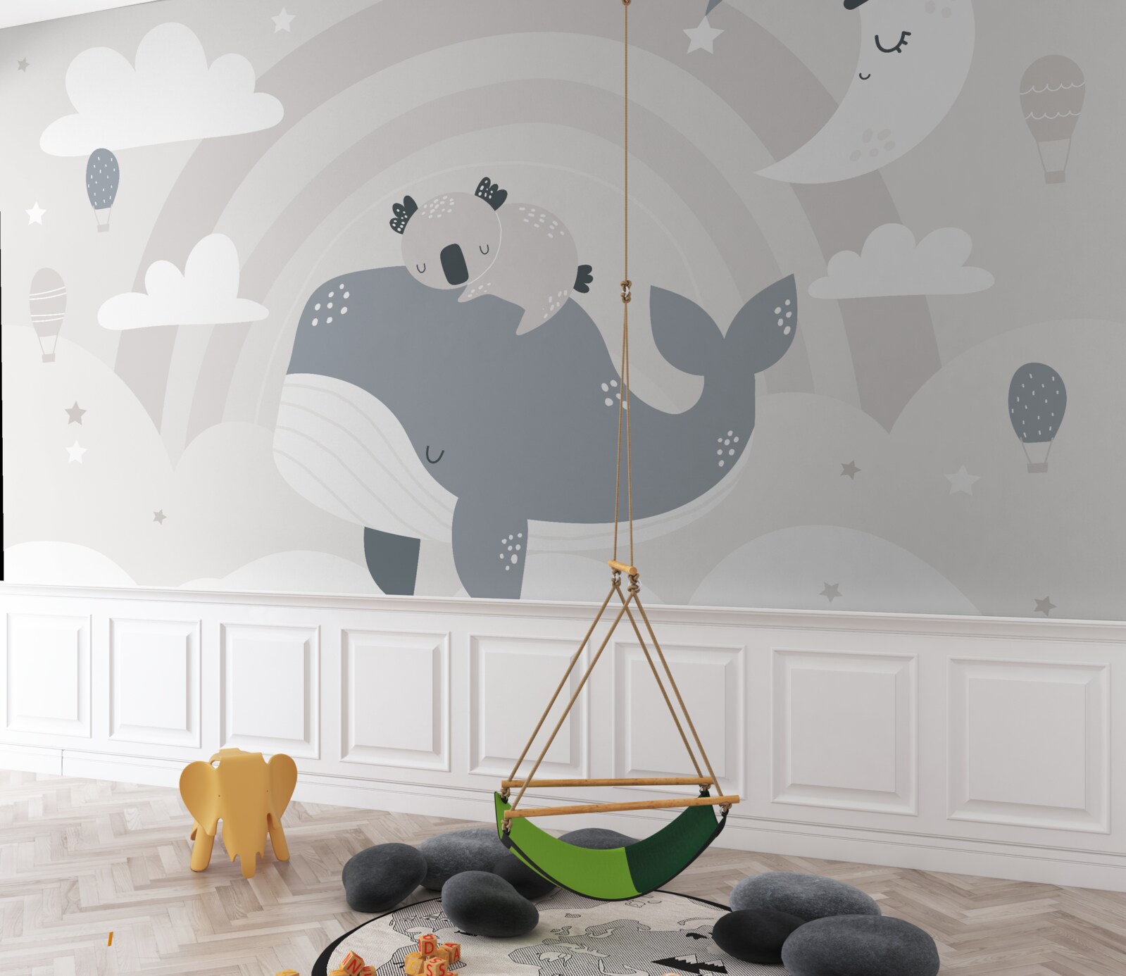 Фотошпалери у хмарах коала спить на спині кита