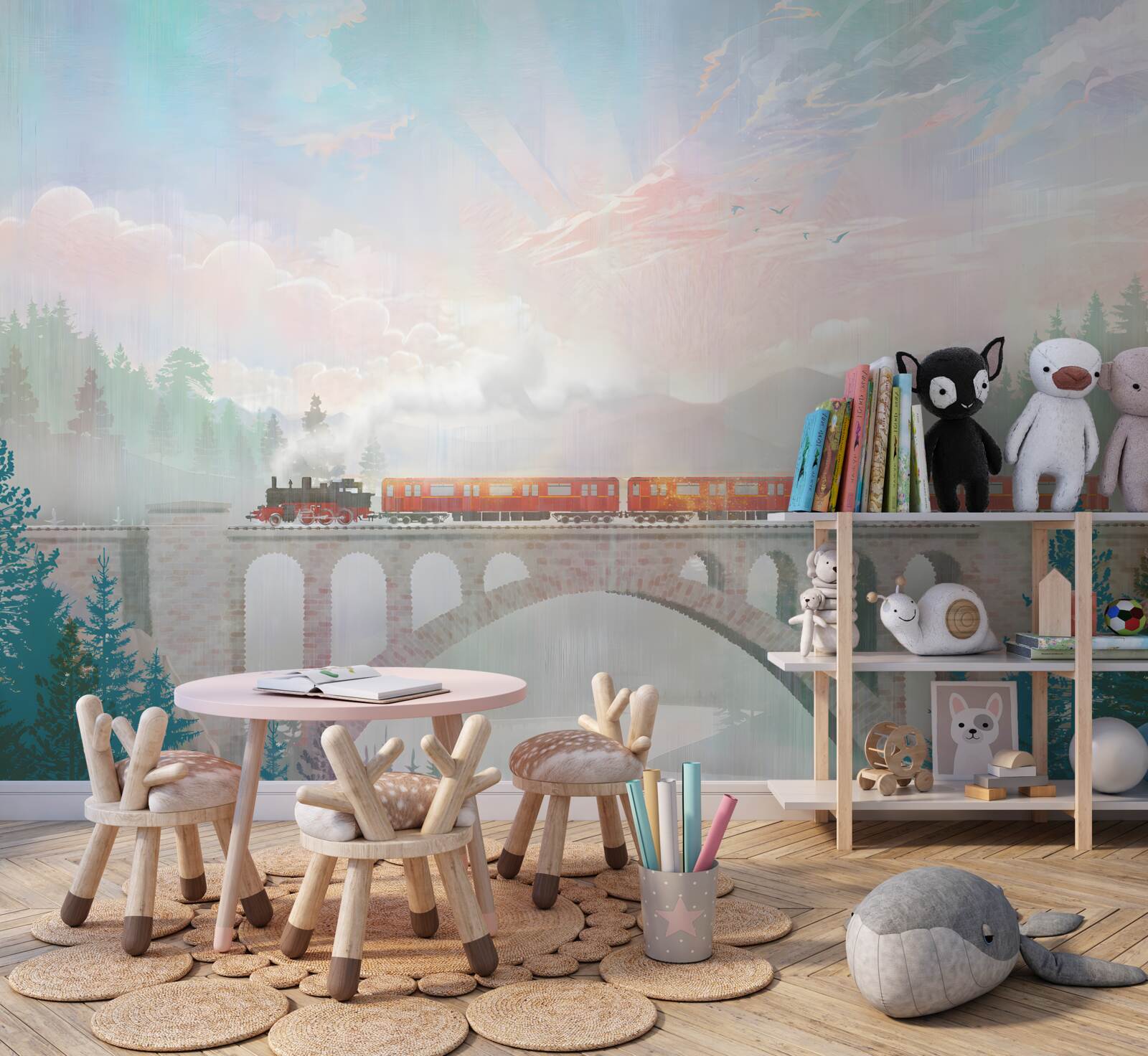 Фотошпалери потяг перетинає міст