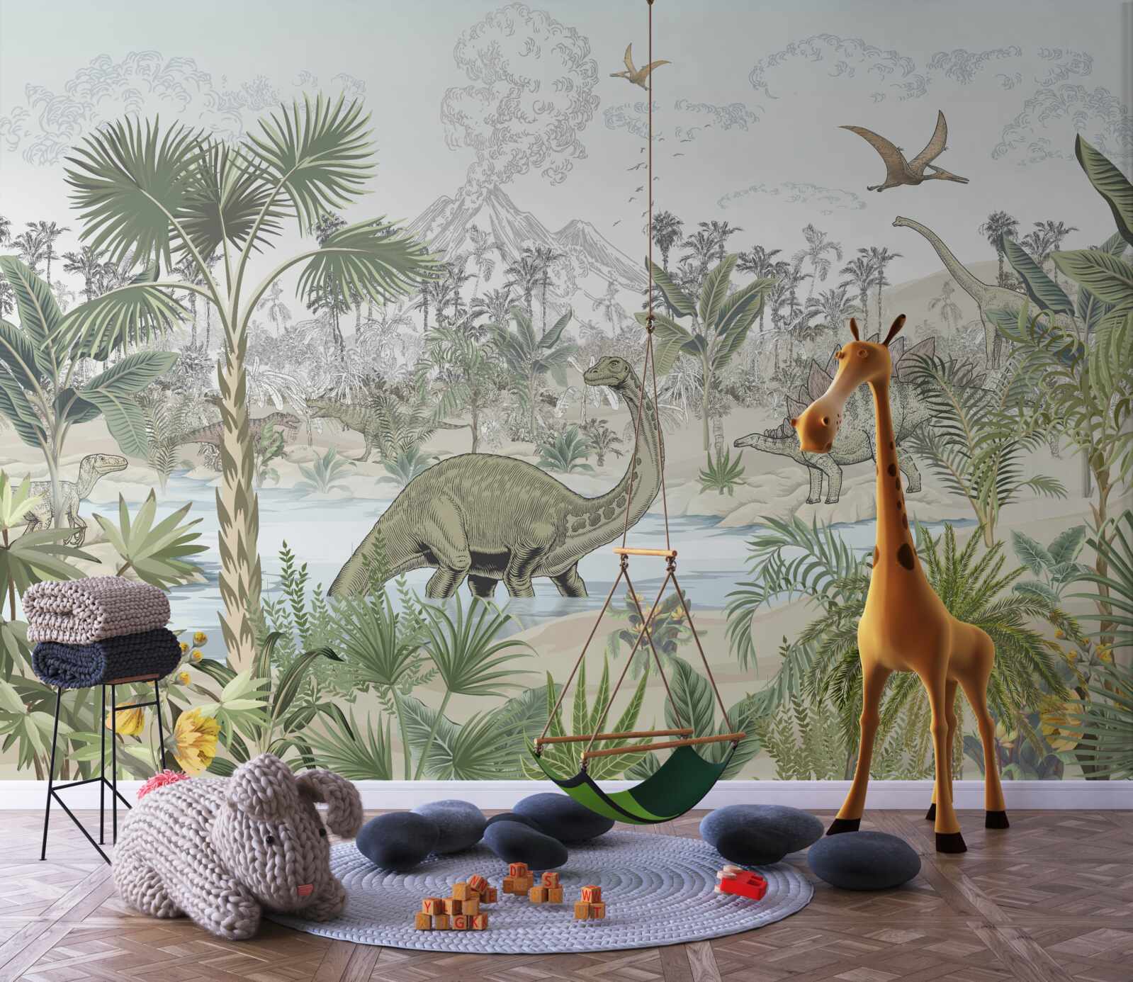 Фотошпалери у лісі біля води живуть динозаври