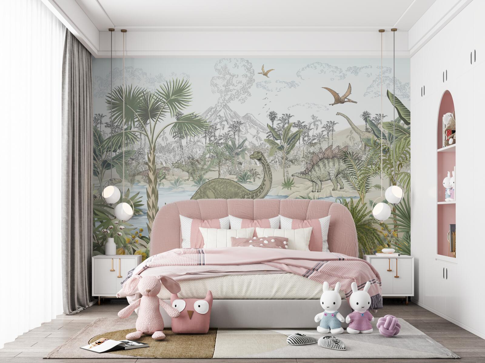 Фотошпалери у лісі біля води живуть динозаври