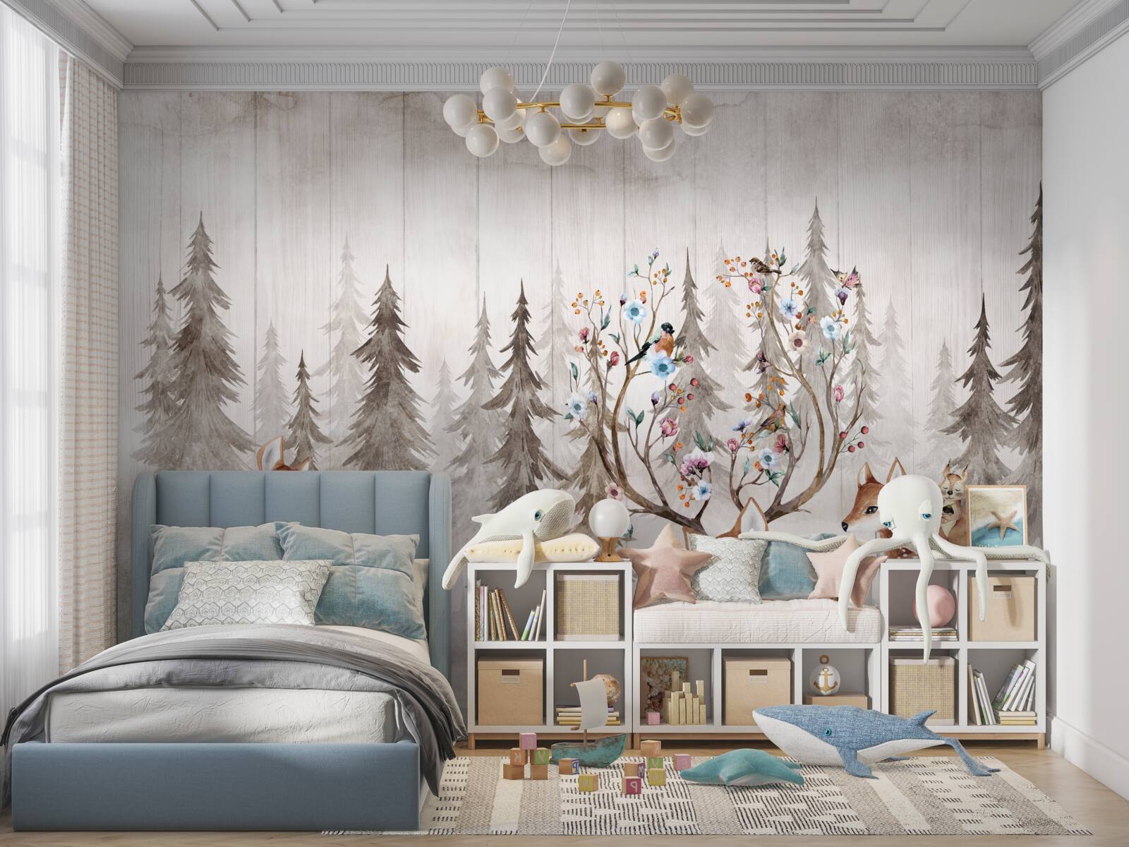 Фотошпалери велика родина оленів відпочиває в лісі