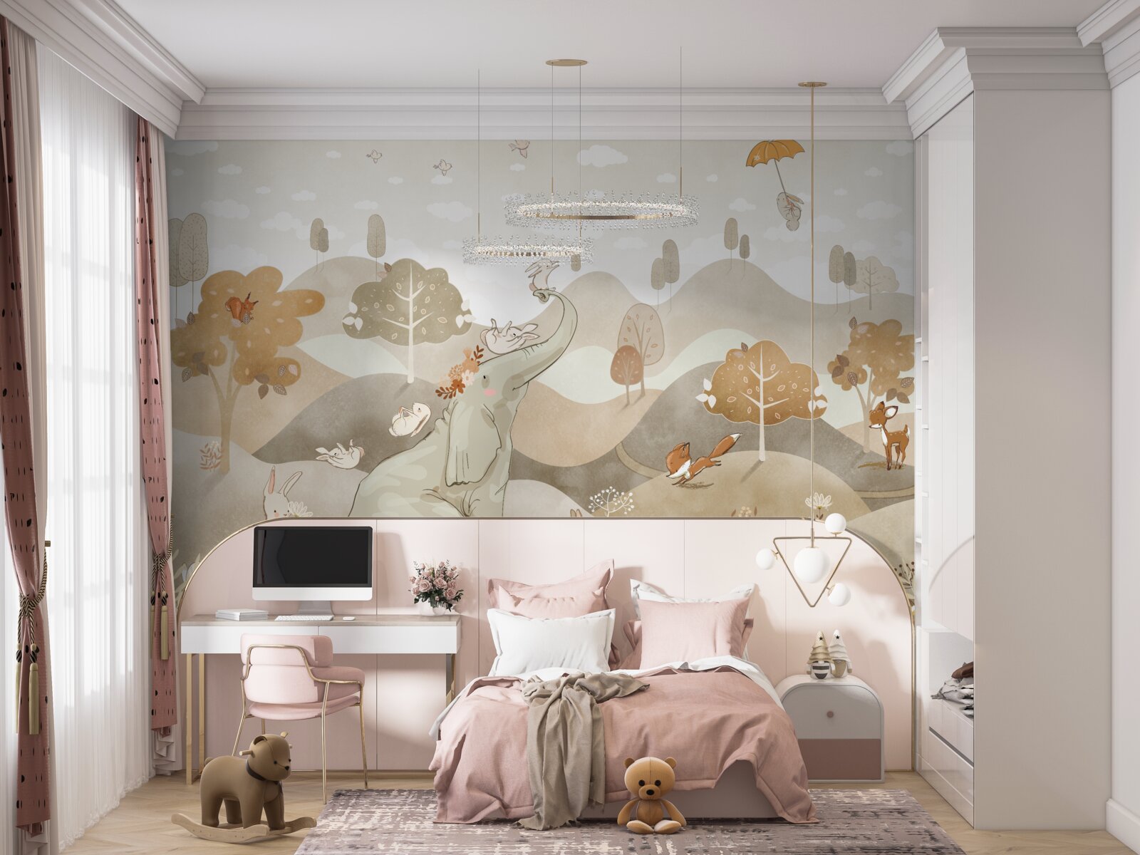 Фотошпалери маленьке слоненя грається з зайчиками