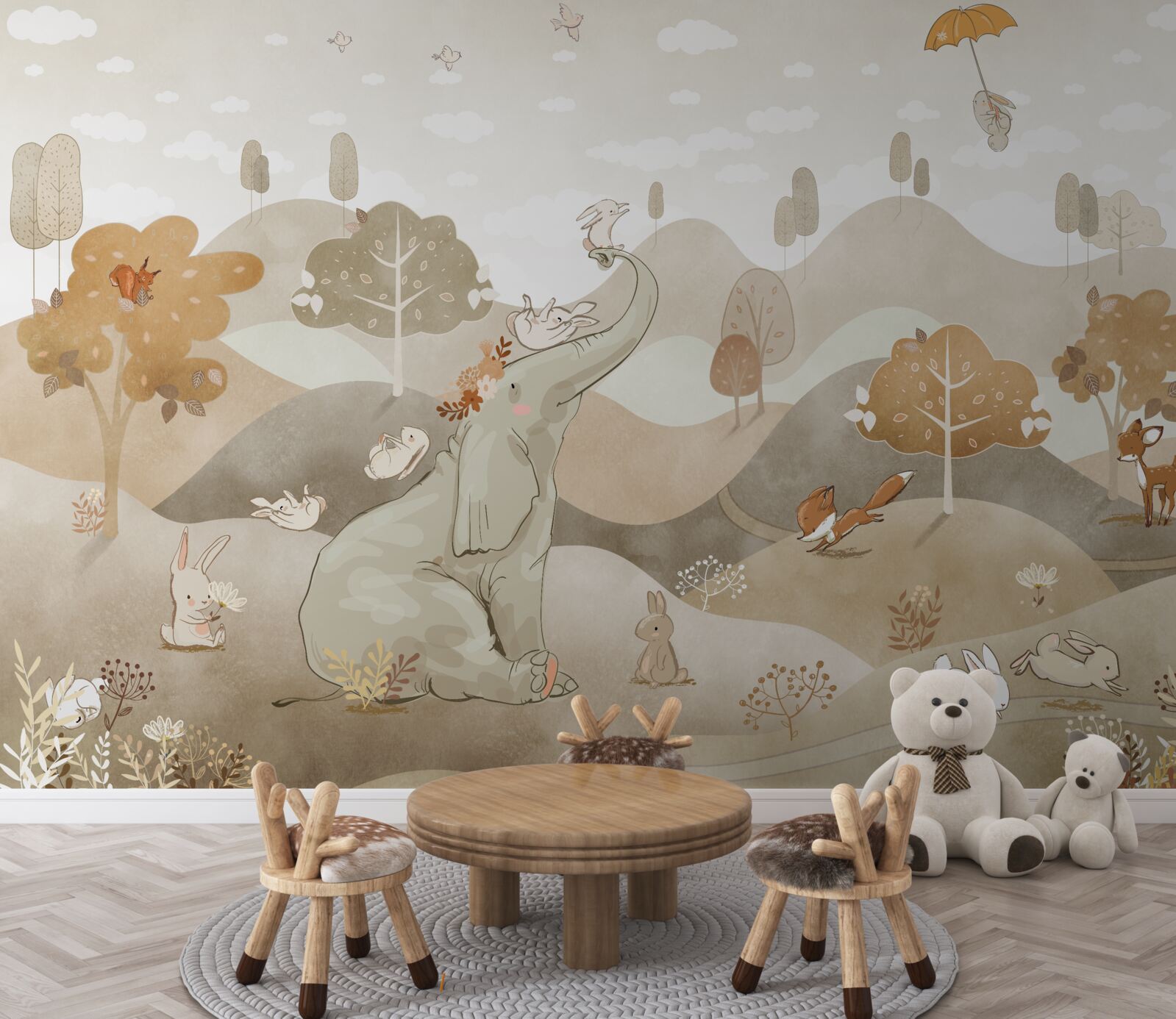 Фотошпалери маленьке слоненя грається з зайчиками