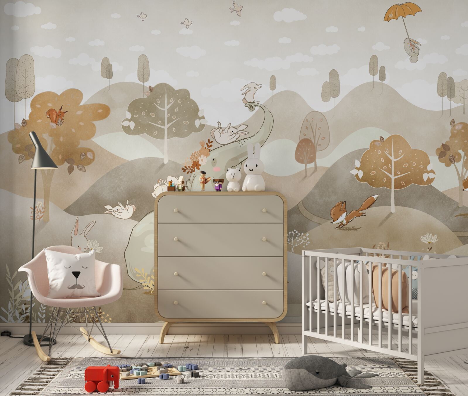 Фотошпалери маленьке слоненя грається з зайчиками