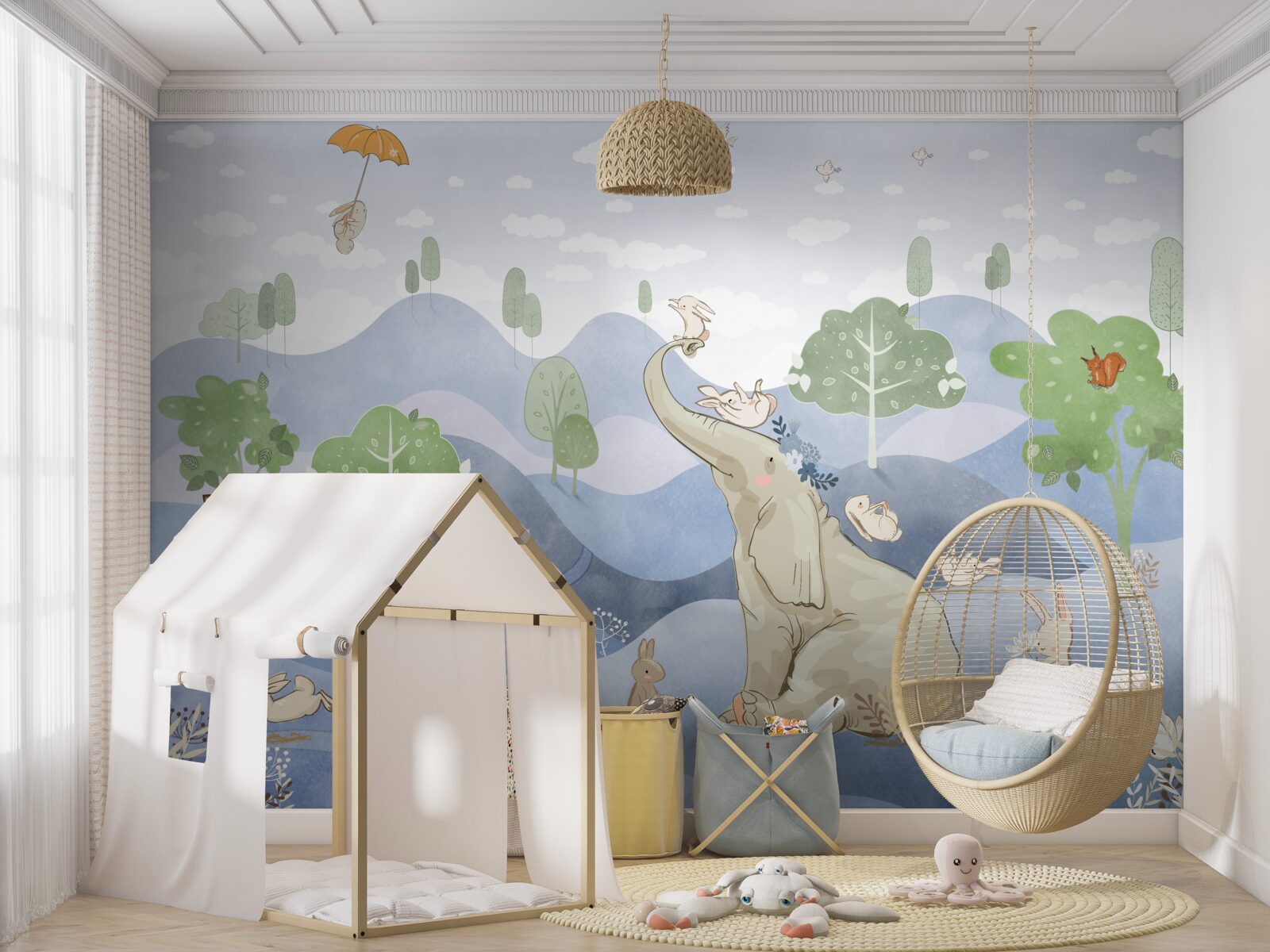 Фотошпалери слоненя гуляє зі своїми молодшими друзями