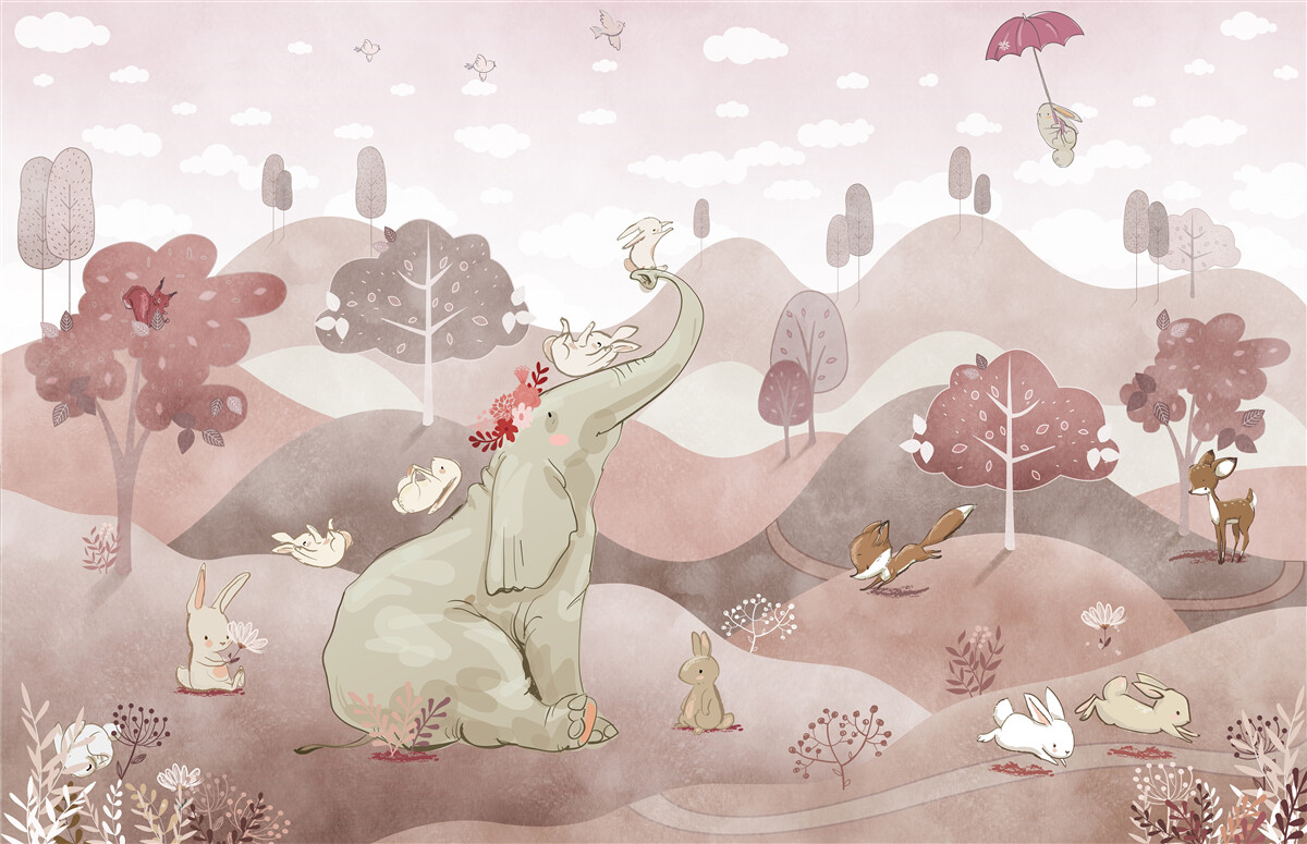 Фотошпалери слоненя і зайці гуляють луками