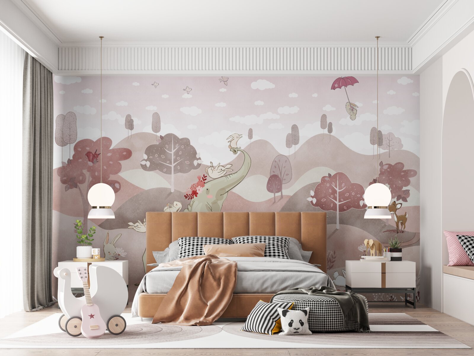 Фотошпалери слоненя і зайці гуляють луками