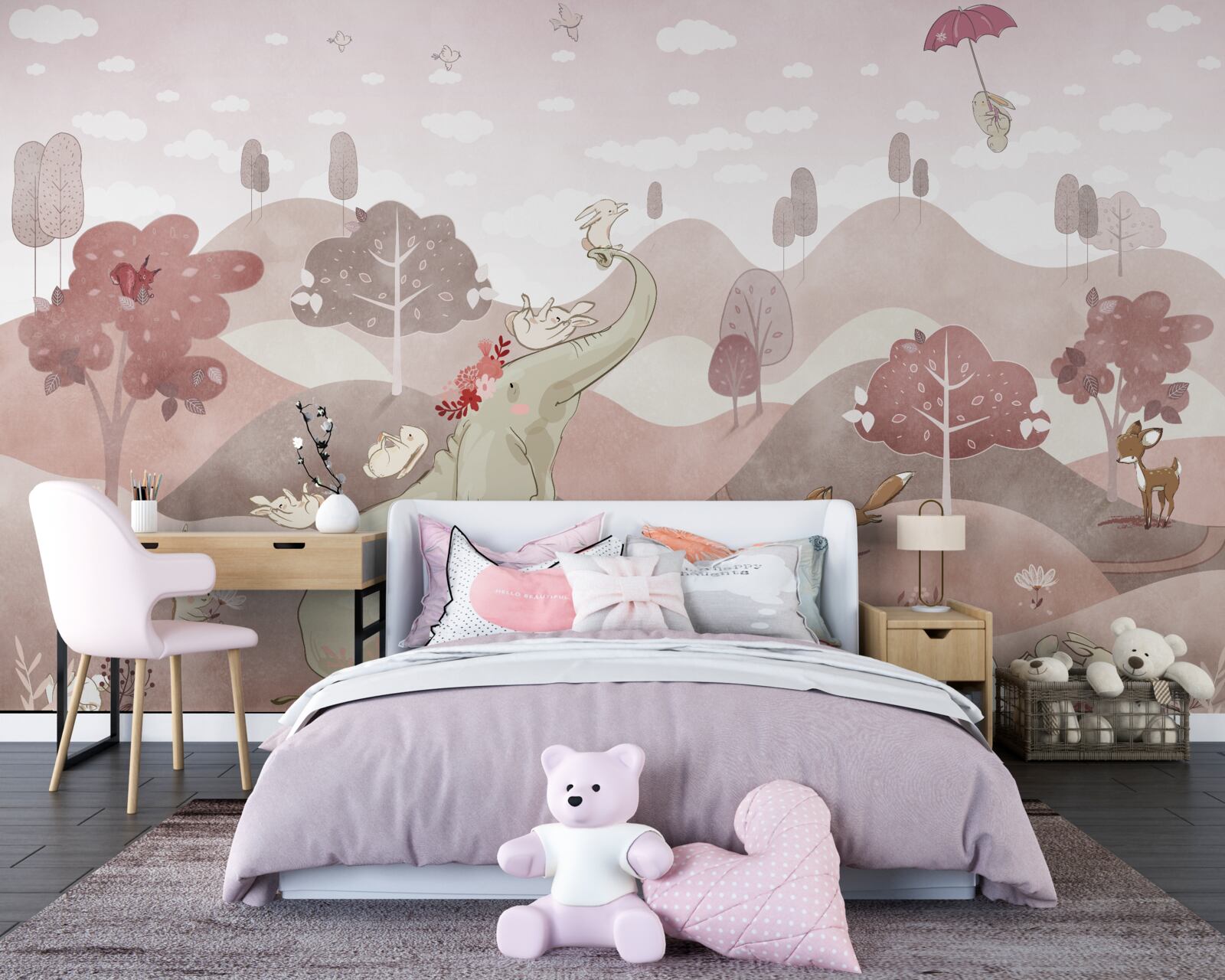 Фотошпалери слоненя і зайці гуляють луками