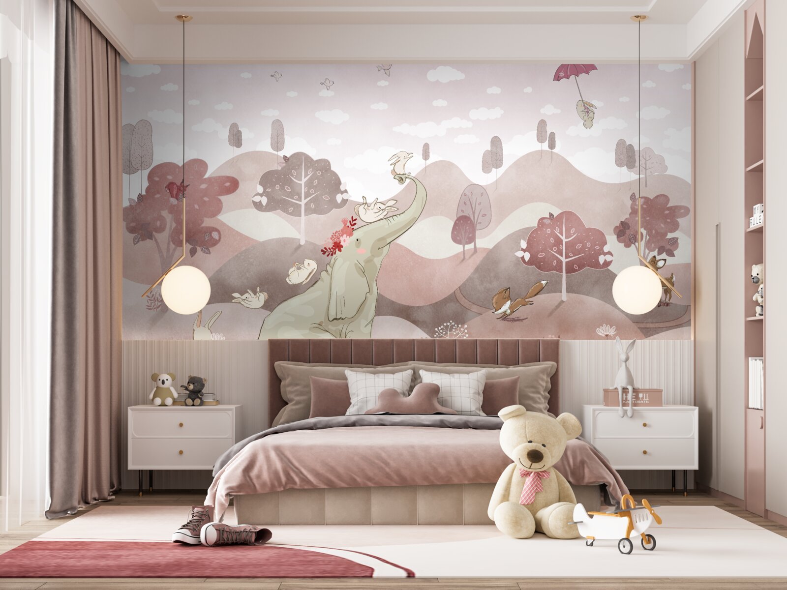 Фотошпалери слоненя і зайці гуляють луками