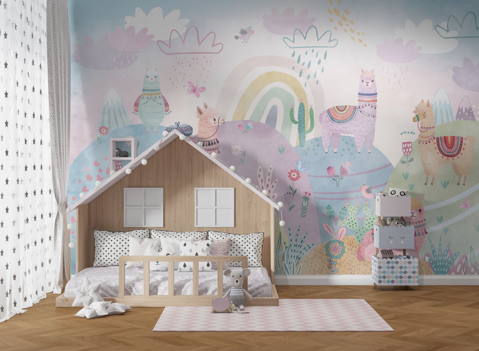 Фотошпалери поля, де гуляють лами