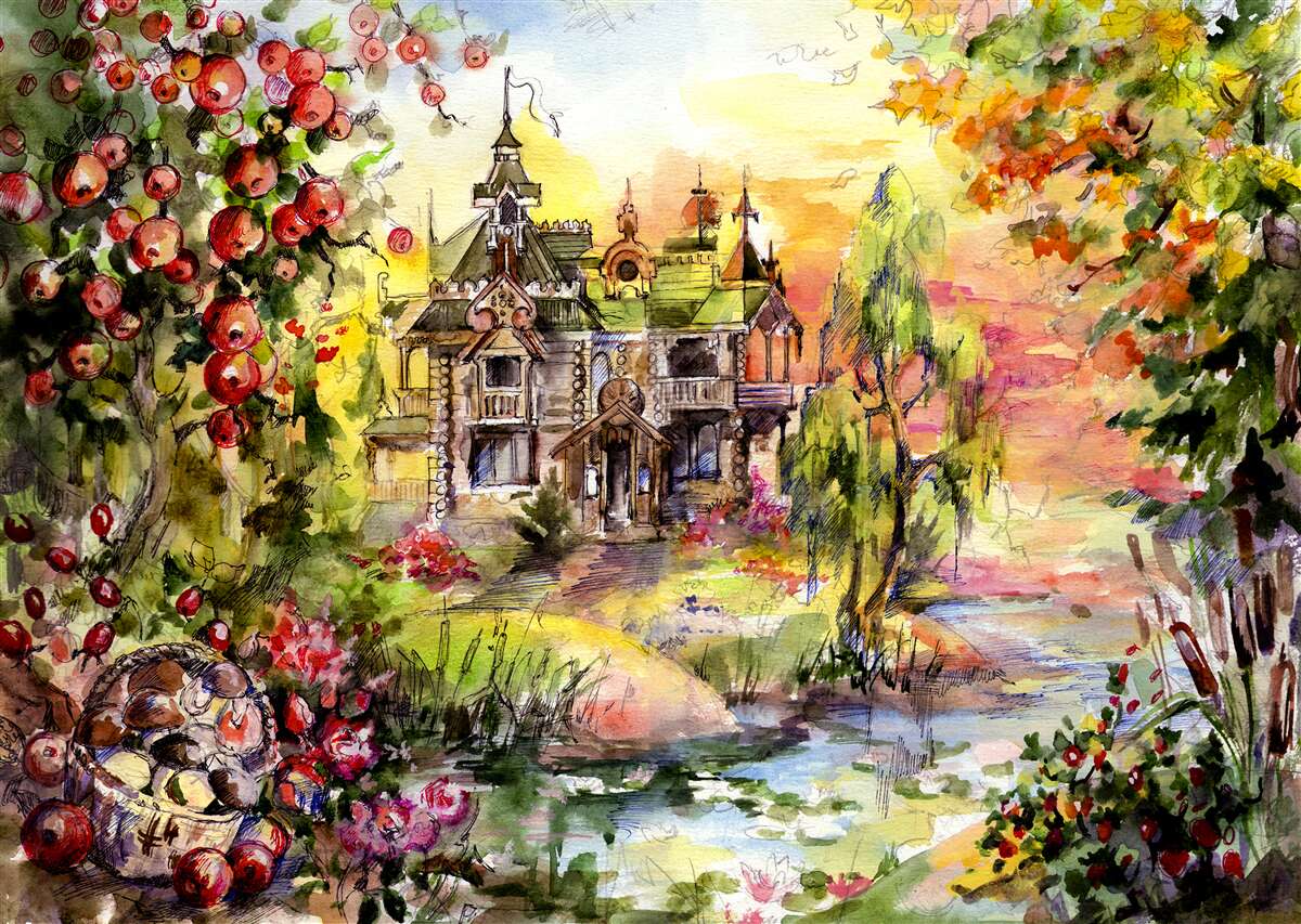 Фотошпалери казковий будиночок на березі лісової річки