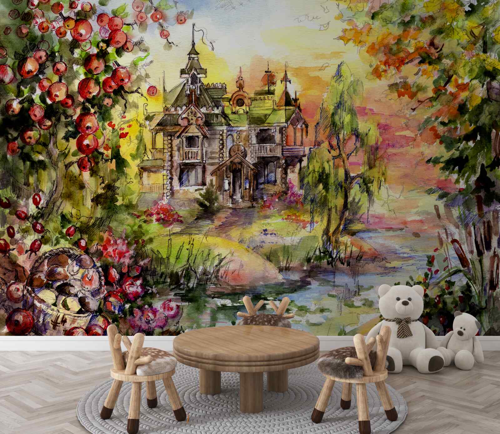 Фотошпалери казковий будиночок на березі лісової річки