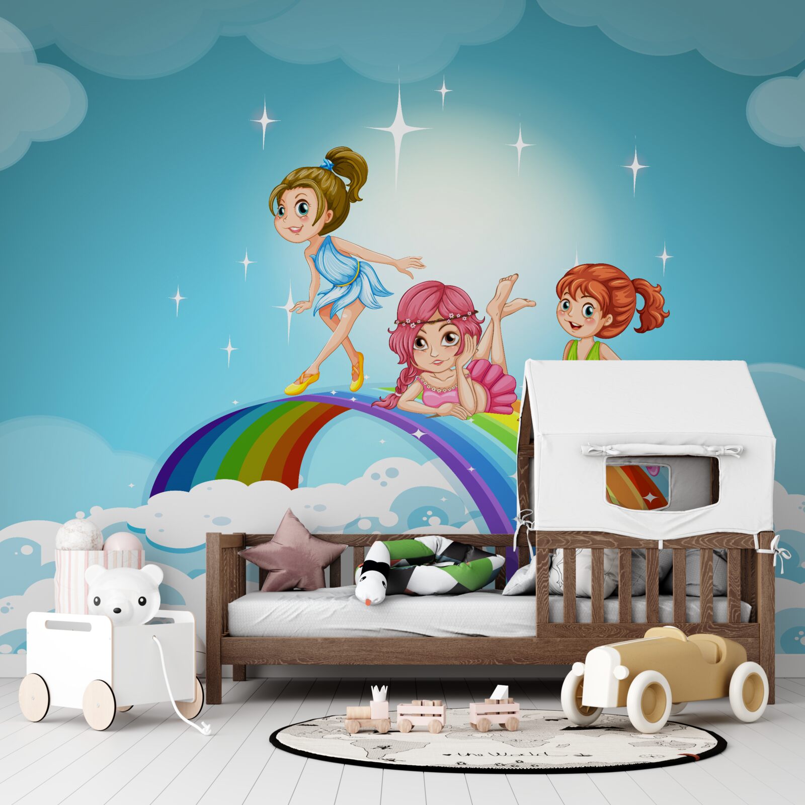 Фотошпалери дівчата серед хмар на веселці