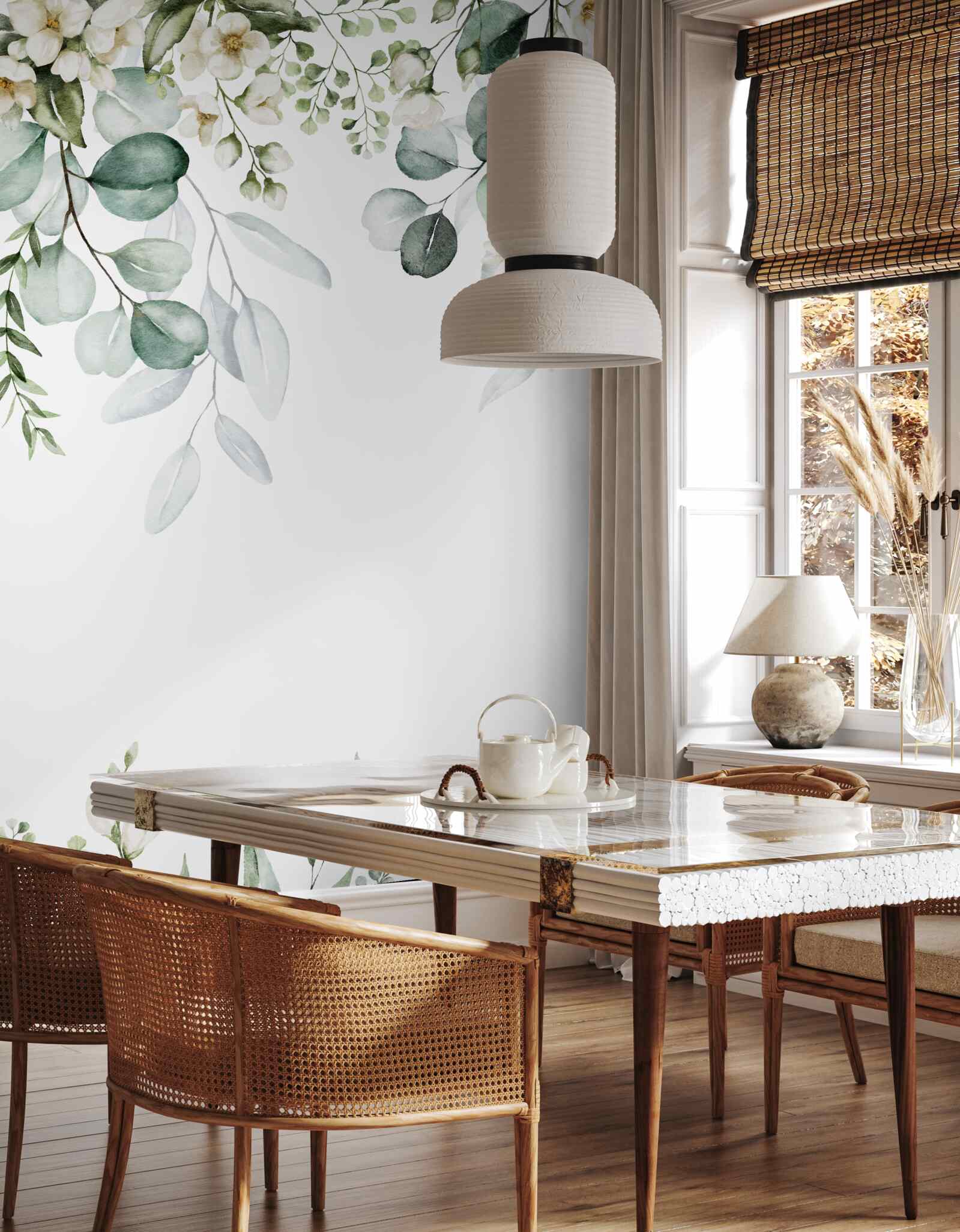 Фотошпалери білі квіти та евкаліпт