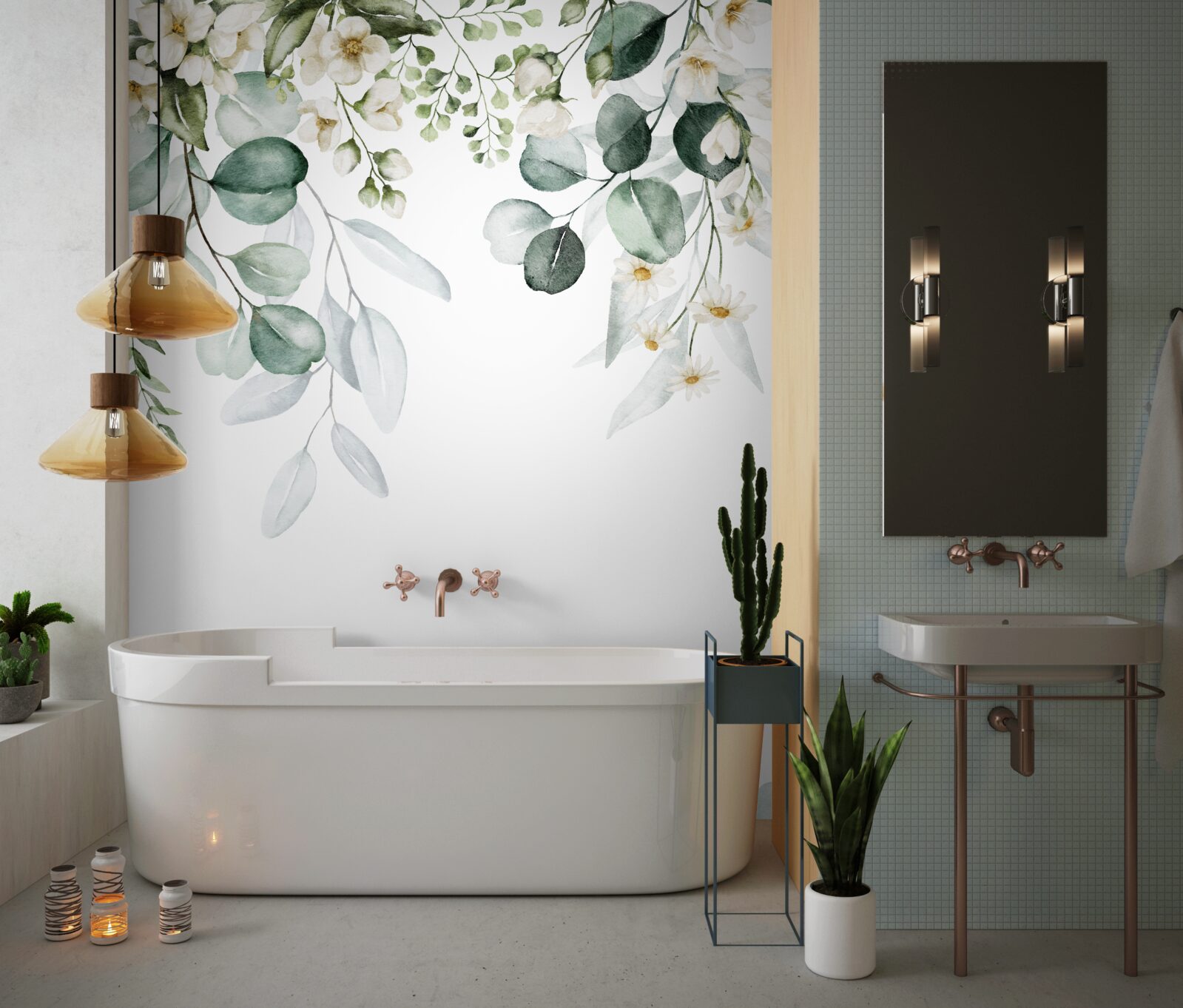 Фотошпалери білі квіти та евкаліпт