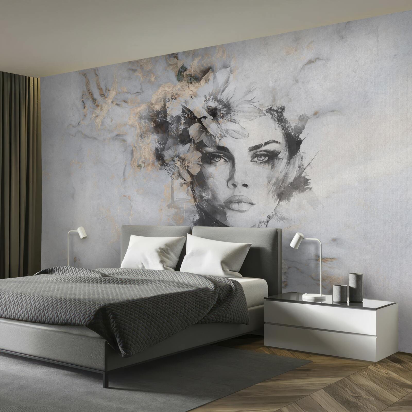 Фотошпалери квіти та дівчина, створені аквареллю