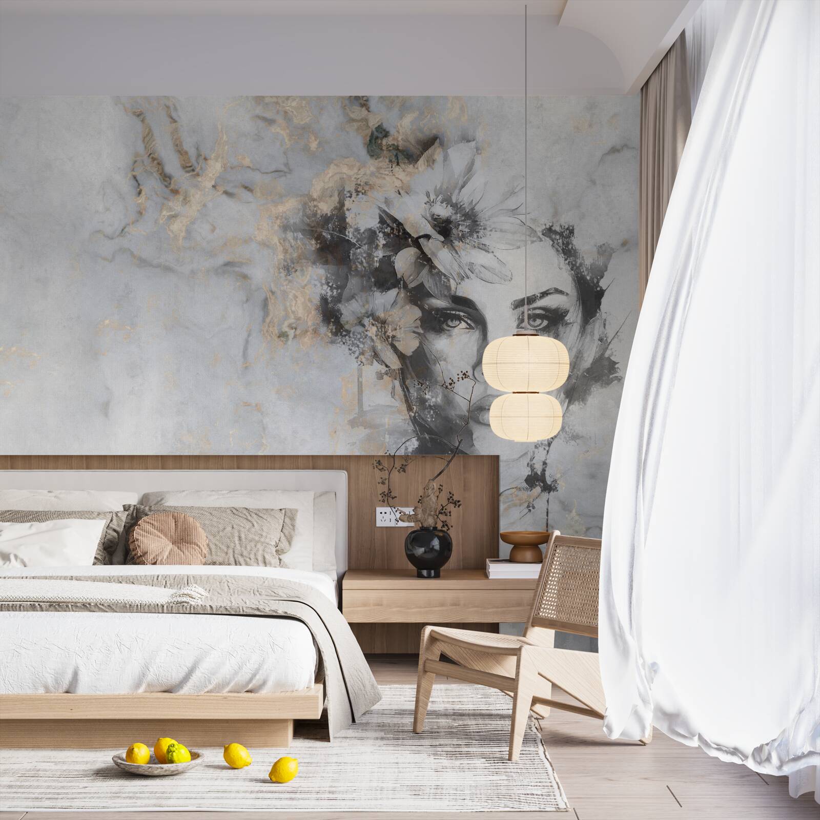 Фотошпалери квіти та дівчина, створені аквареллю