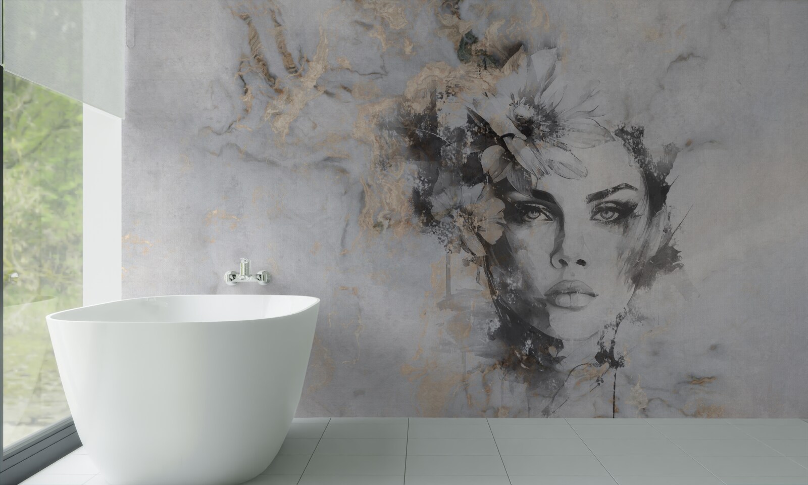 Фотошпалери квіти та дівчина, створені аквареллю