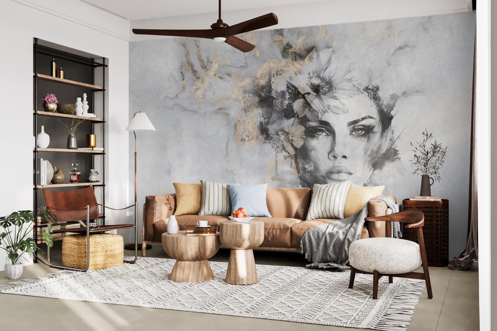 Фотошпалери квіти та дівчина, створені аквареллю