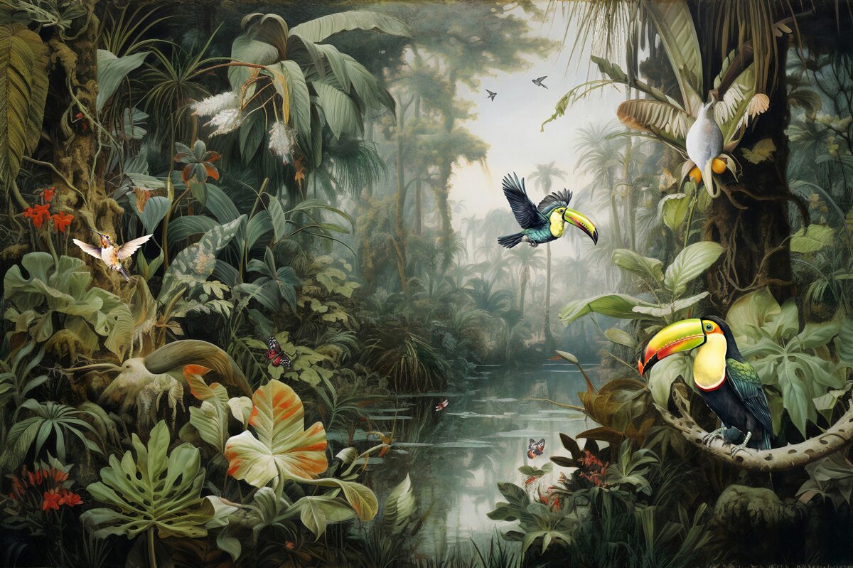 Фотошпалери тропічні чагарники біля ставка