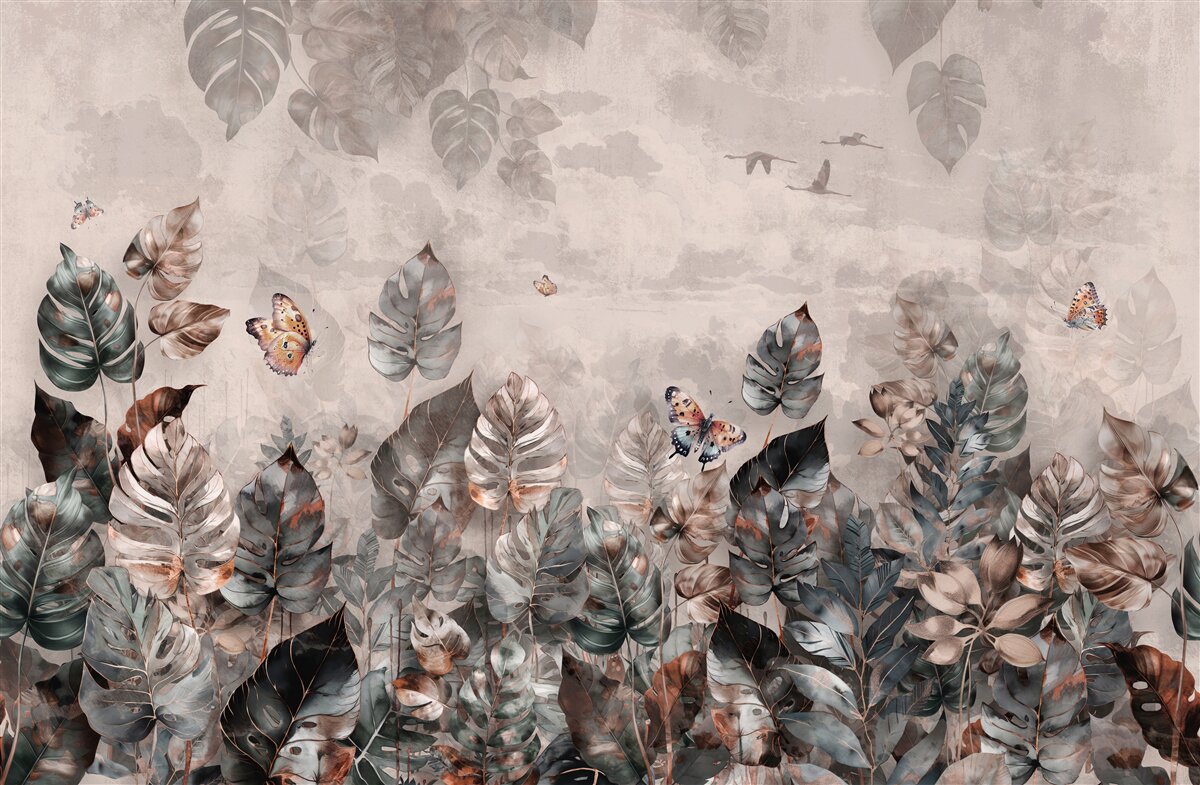 Фотошпалери тропічні рослини з метеликами та птахами