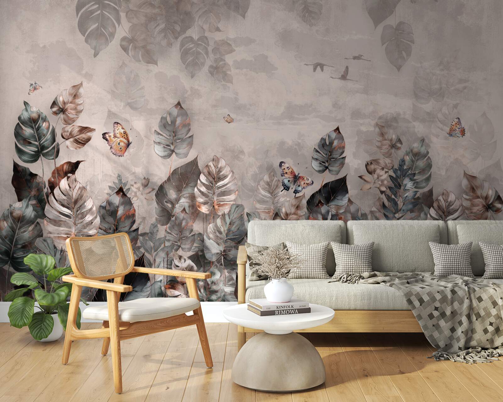 Фотошпалери тропічні рослини з метеликами та птахами