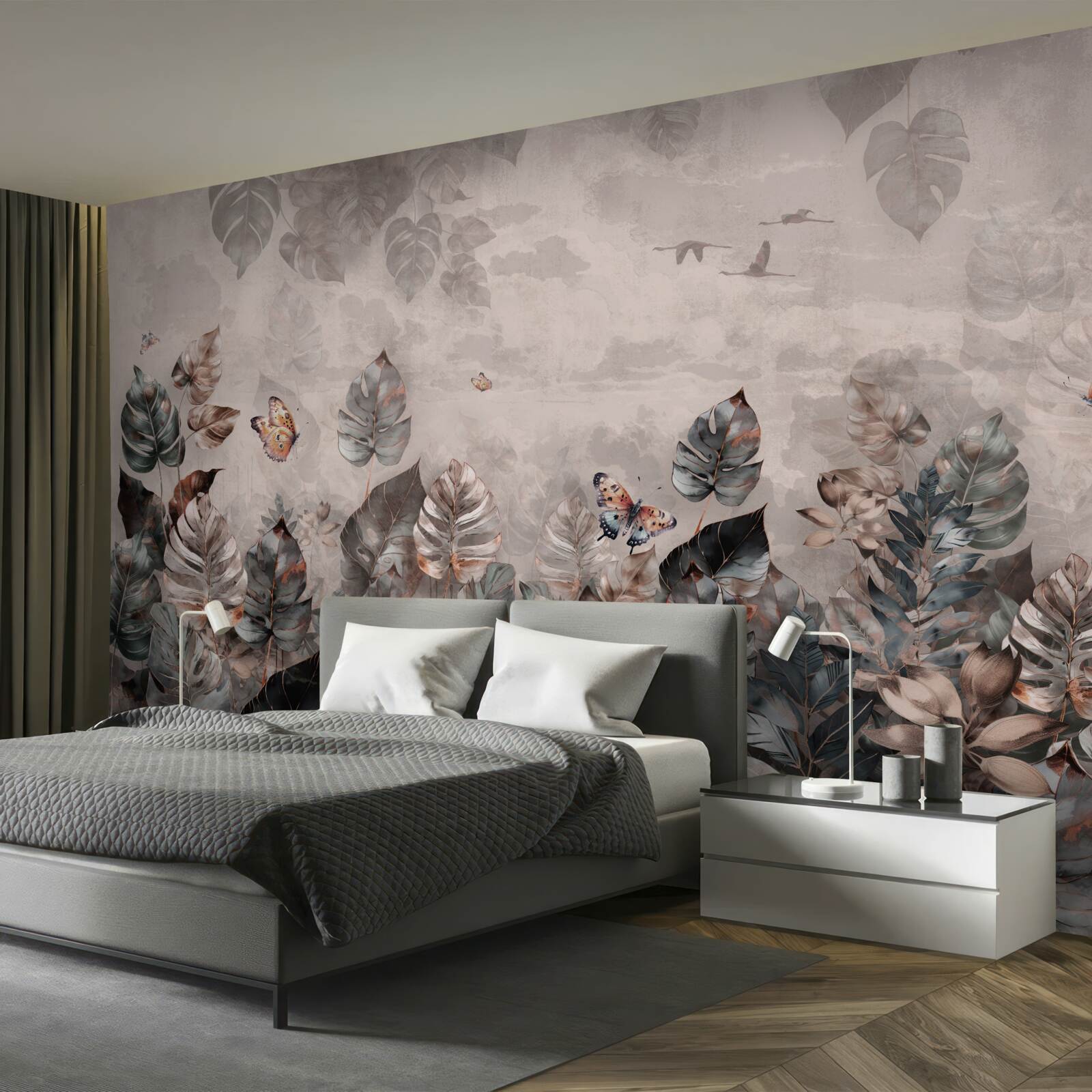 Фотошпалери тропічні рослини з метеликами та птахами