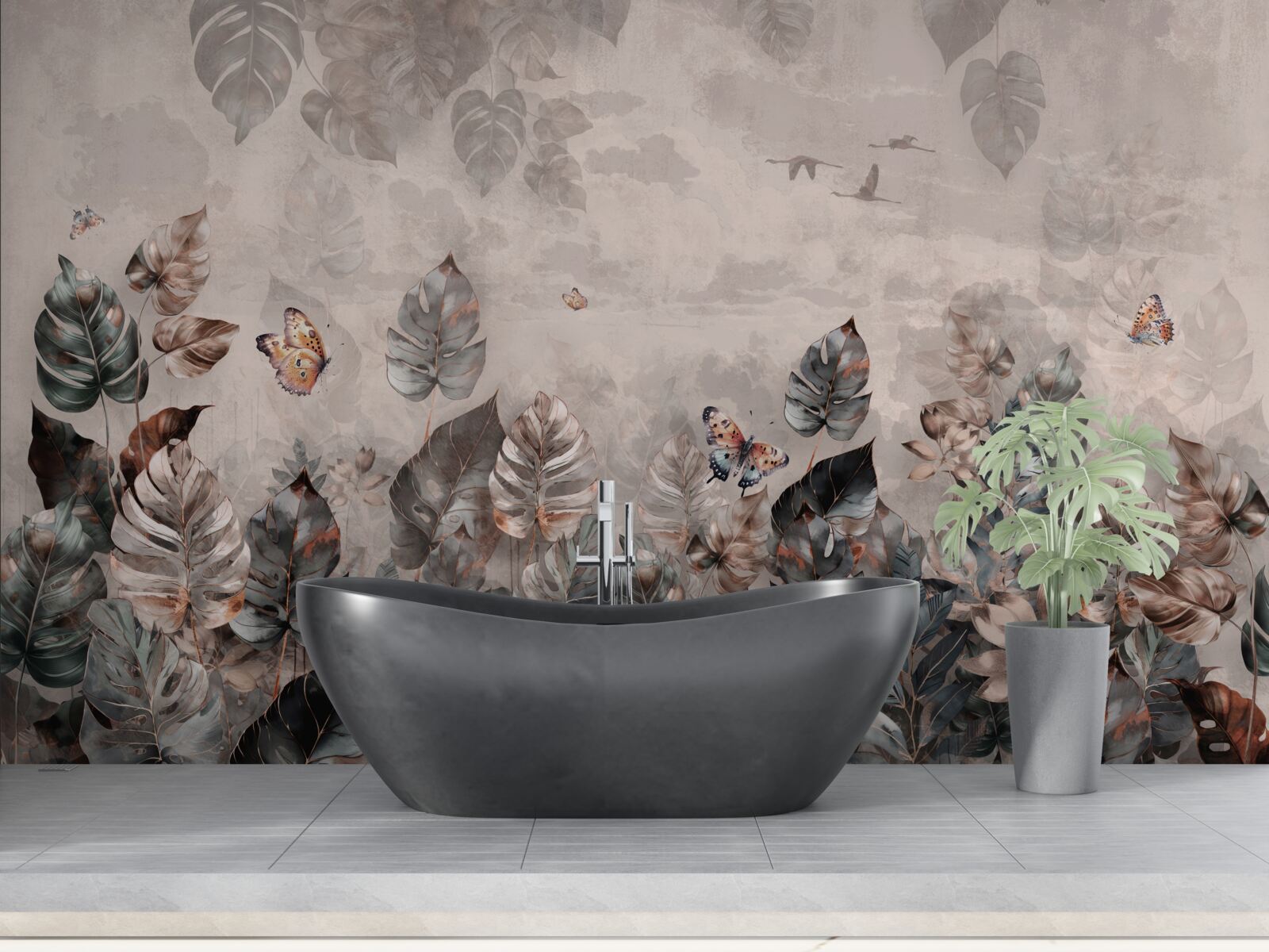 Фотошпалери тропічні рослини з метеликами та птахами