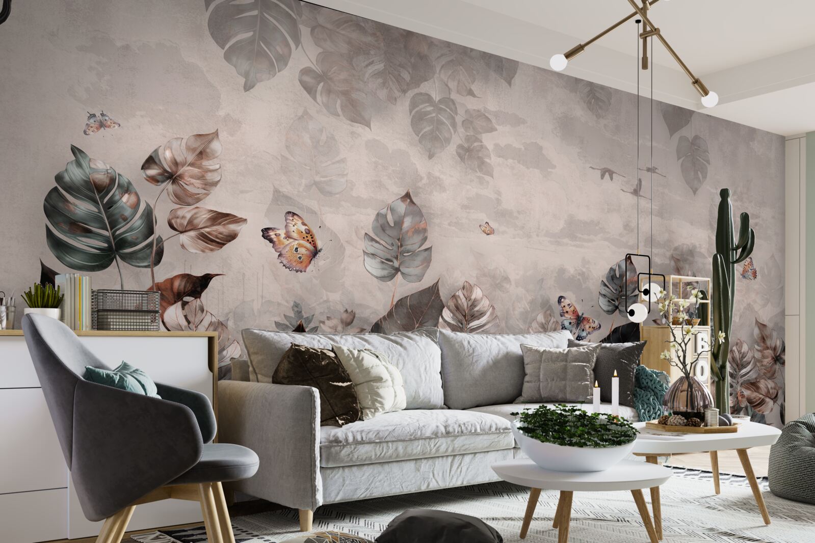 Фотошпалери тропічні рослини з метеликами та птахами