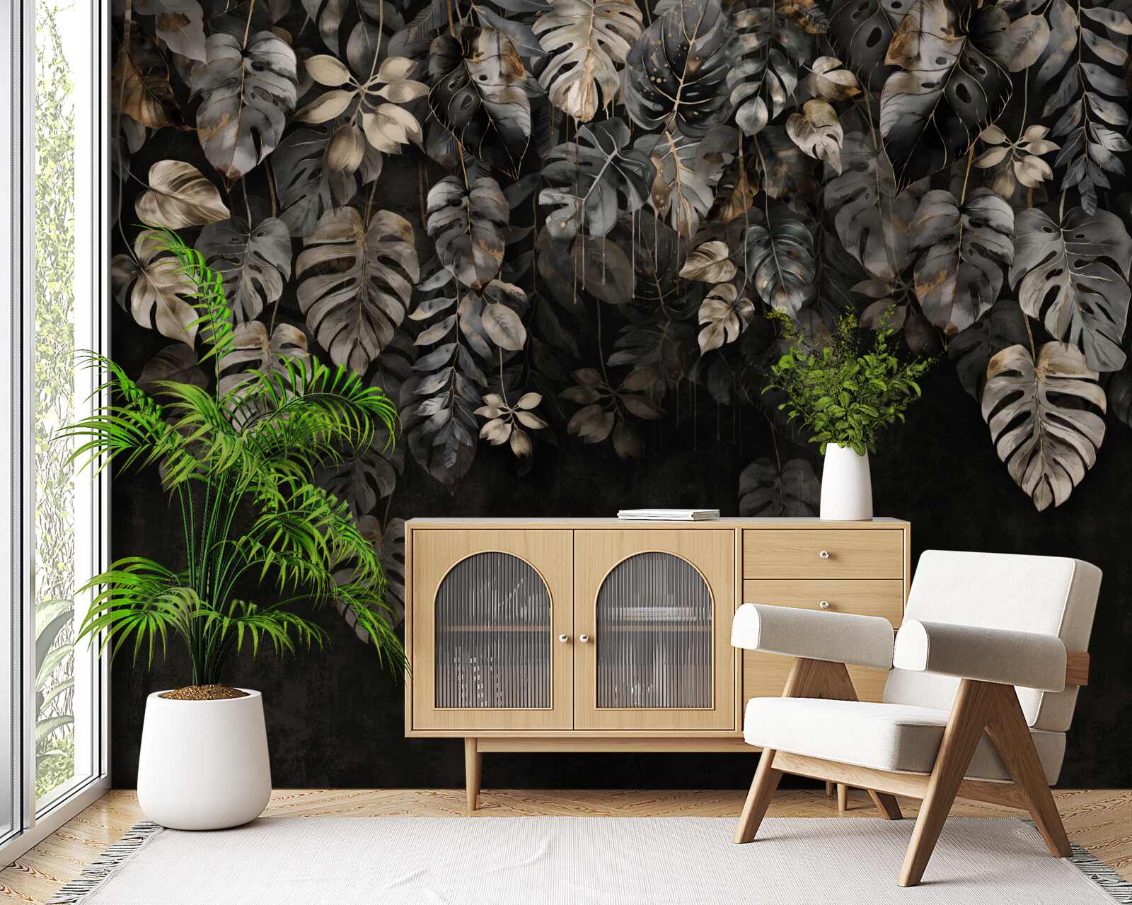 Фотошпалери велика монстера вночі залишає листя