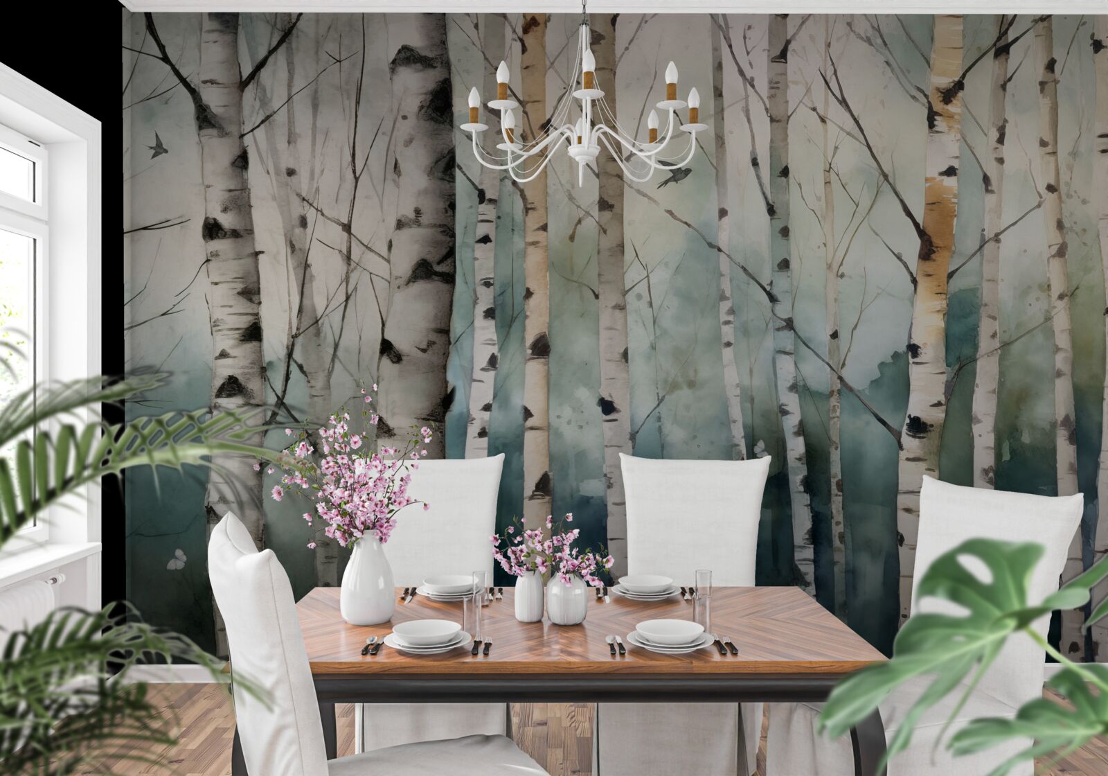 Фотошпалери акварель із зображенням стрункого гаю беріз