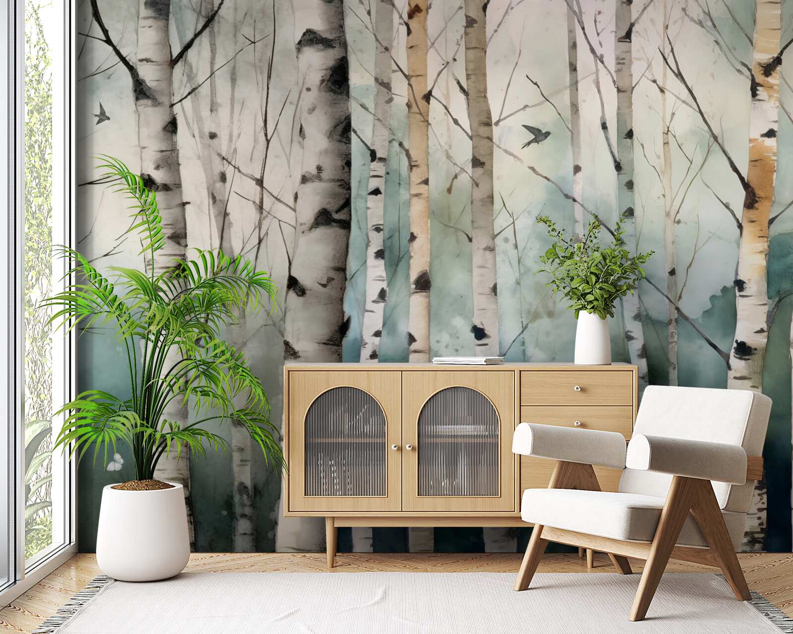 Фотошпалери акварель із зображенням стрункого гаю беріз