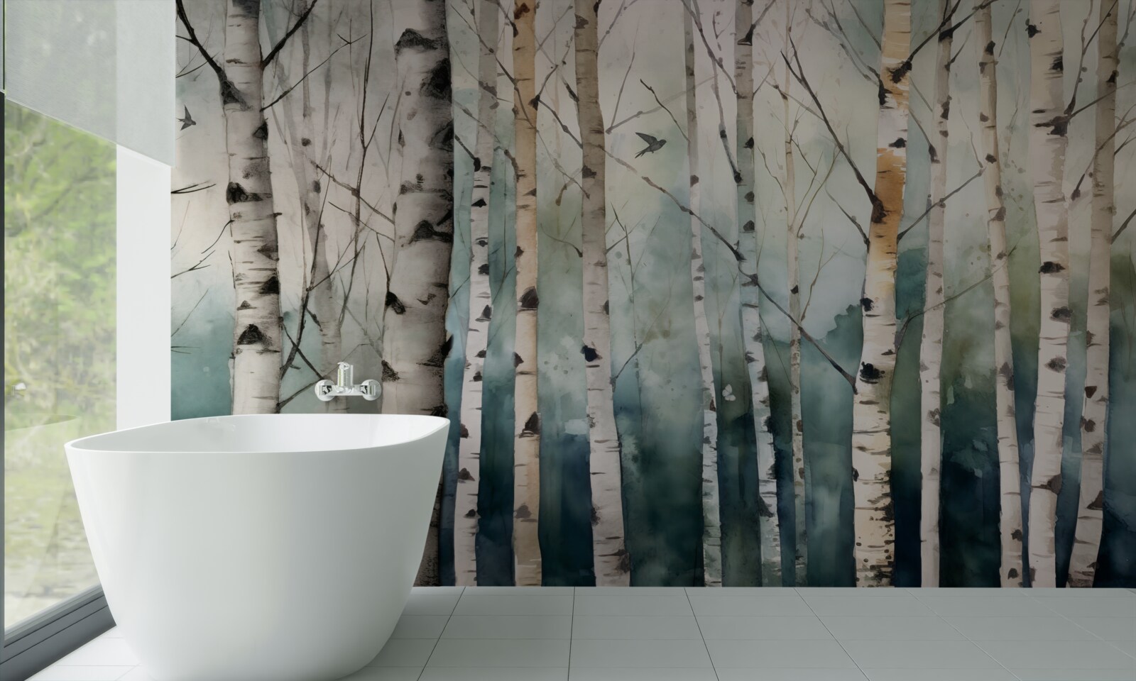 Фотошпалери акварель із зображенням стрункого гаю беріз