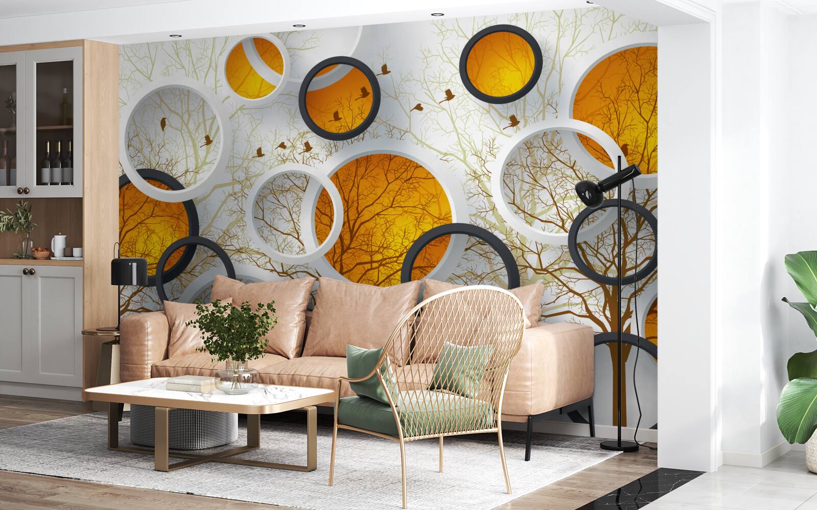 Фотошпалери дерева восени і білосніжні кола з бурштином