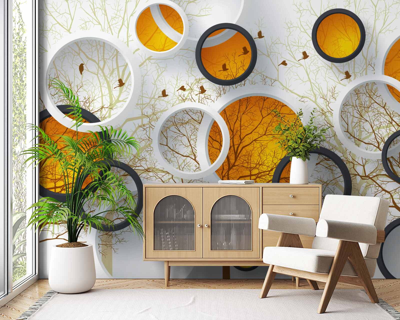 Фотошпалери дерева восени і білосніжні кола з бурштином