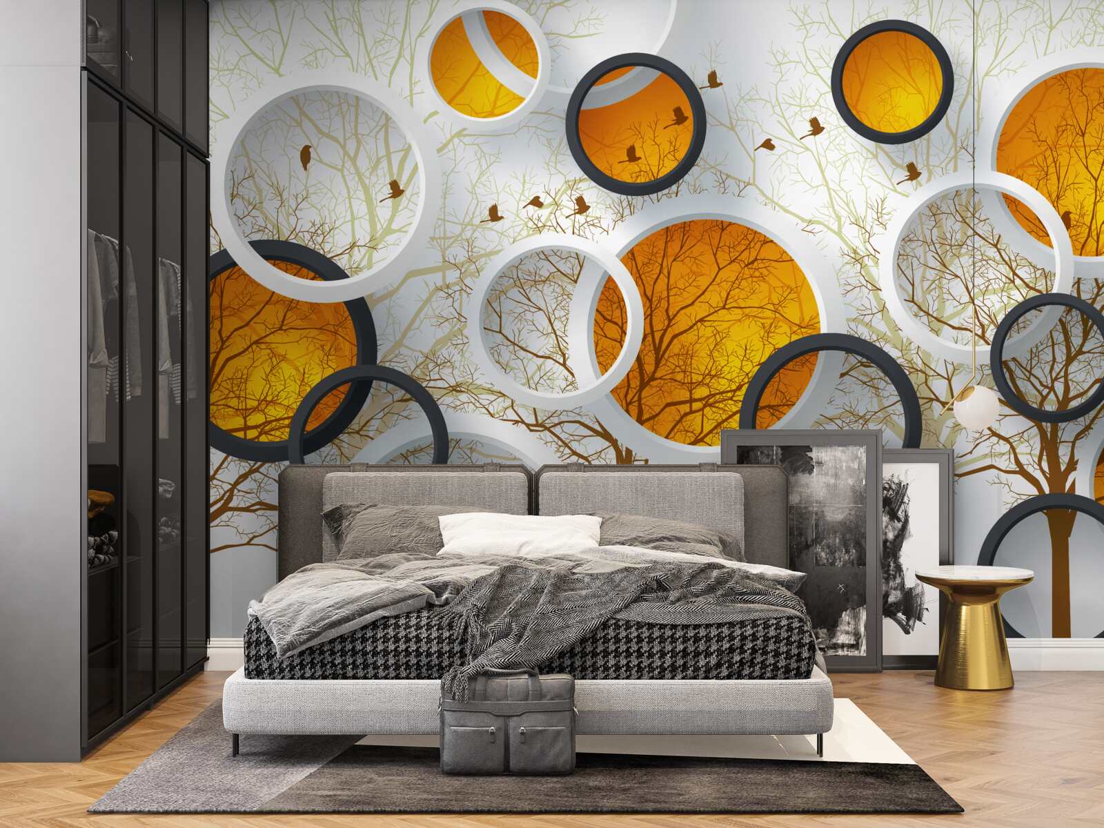 Фотошпалери дерева восени і білосніжні кола з бурштином