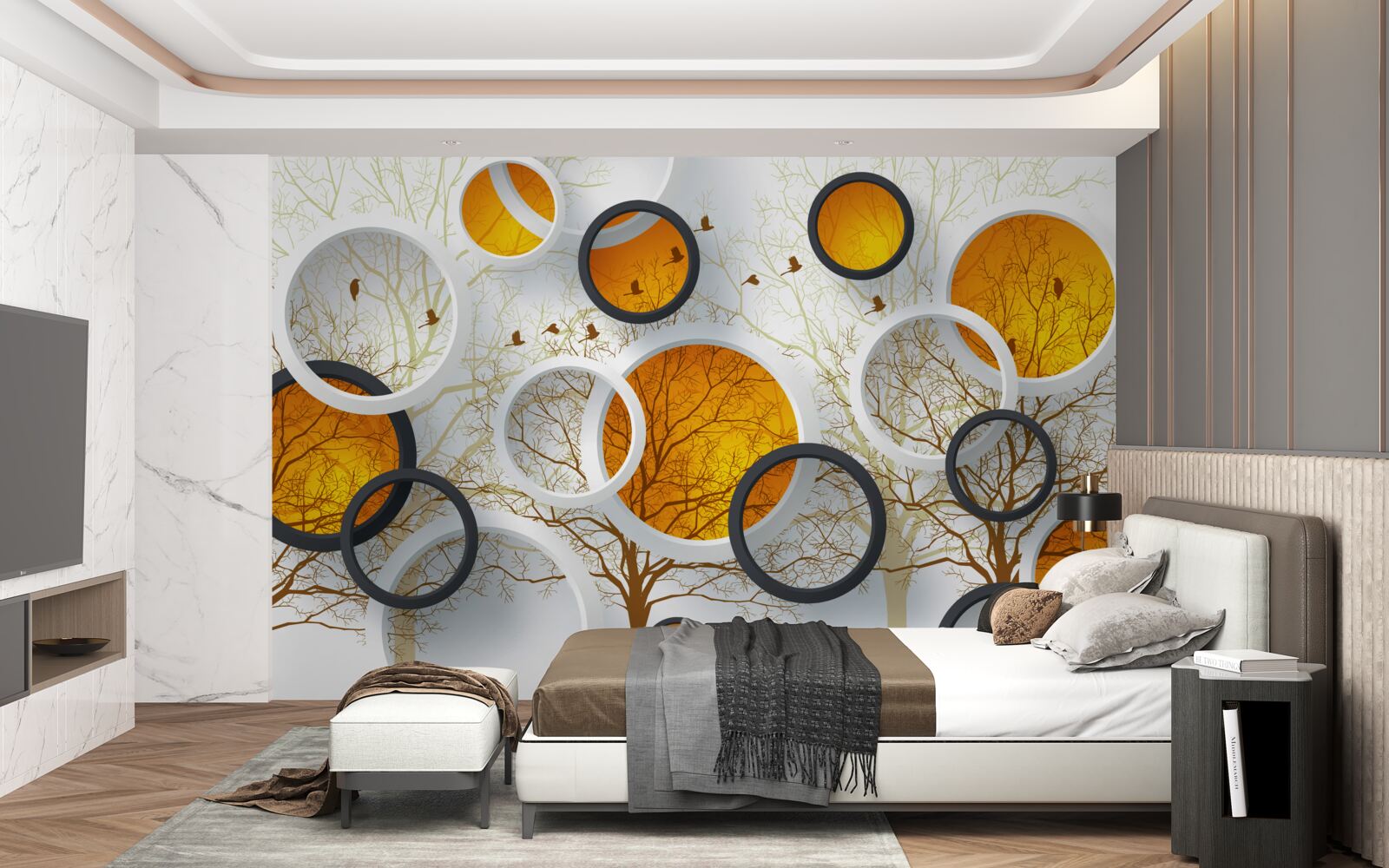 Фотошпалери дерева восени і білосніжні кола з бурштином