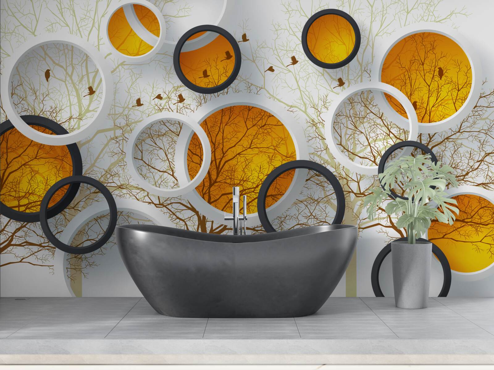 Фотошпалери дерева восени і білосніжні кола з бурштином