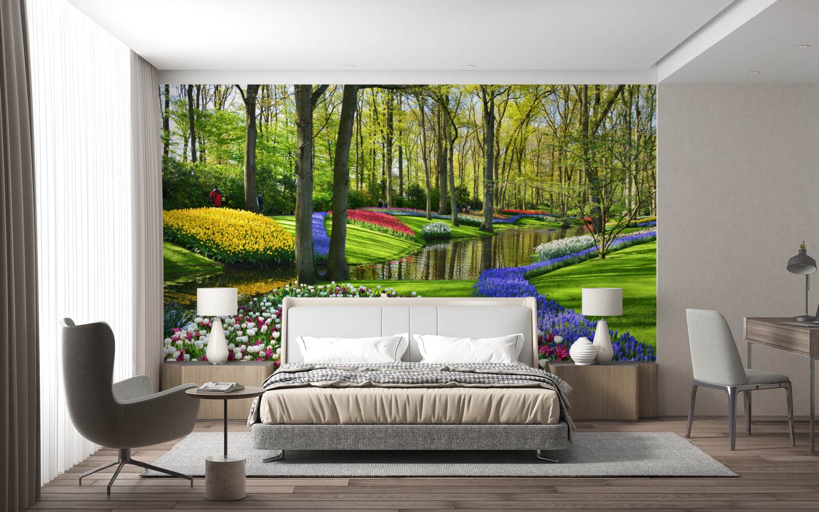 Фотошпалери чудова доріжка з тюльпанами біля води