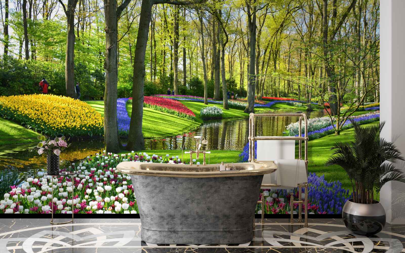 Фотошпалери чудова доріжка з тюльпанами біля води