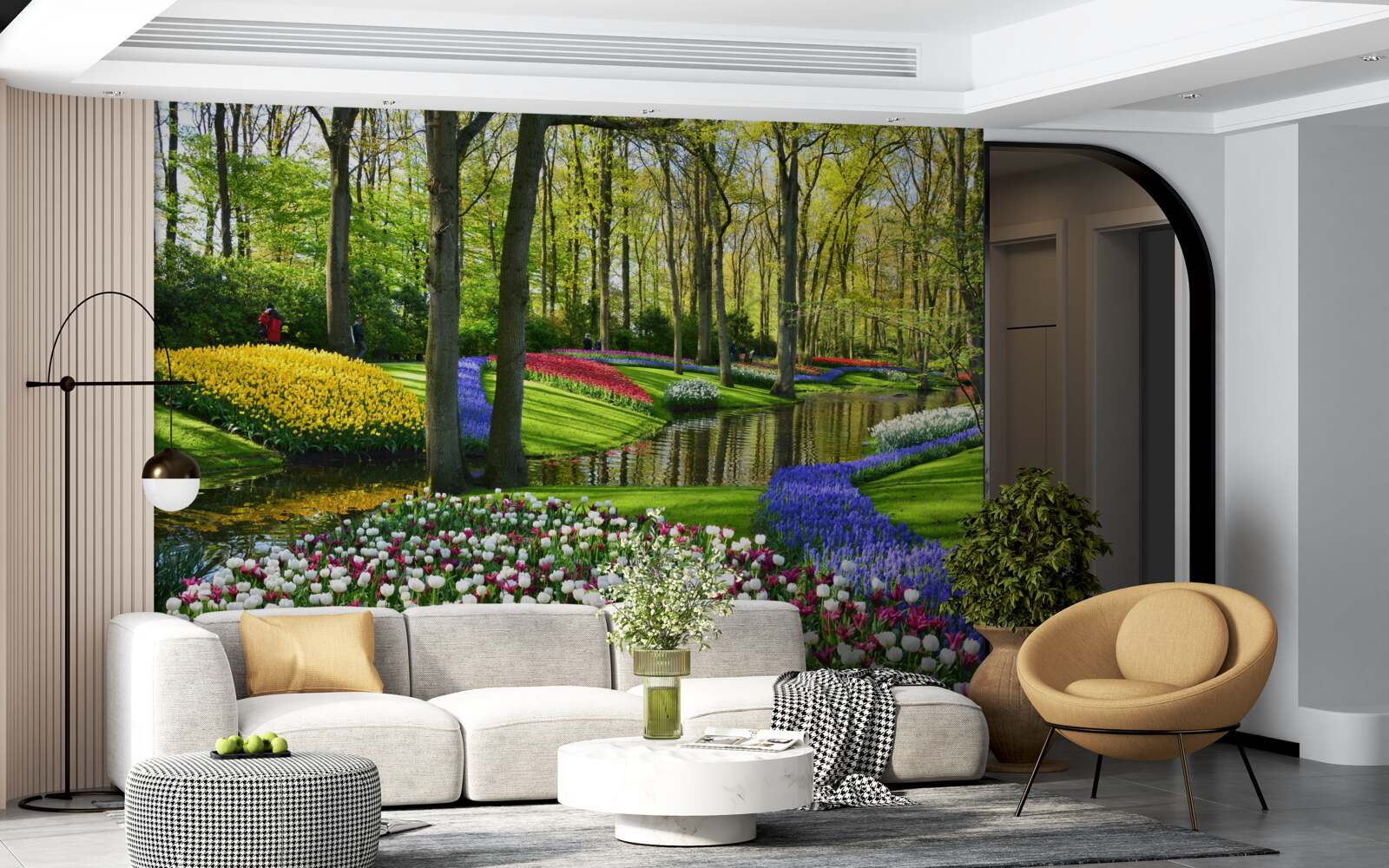 Фотошпалери чудова доріжка з тюльпанами біля води