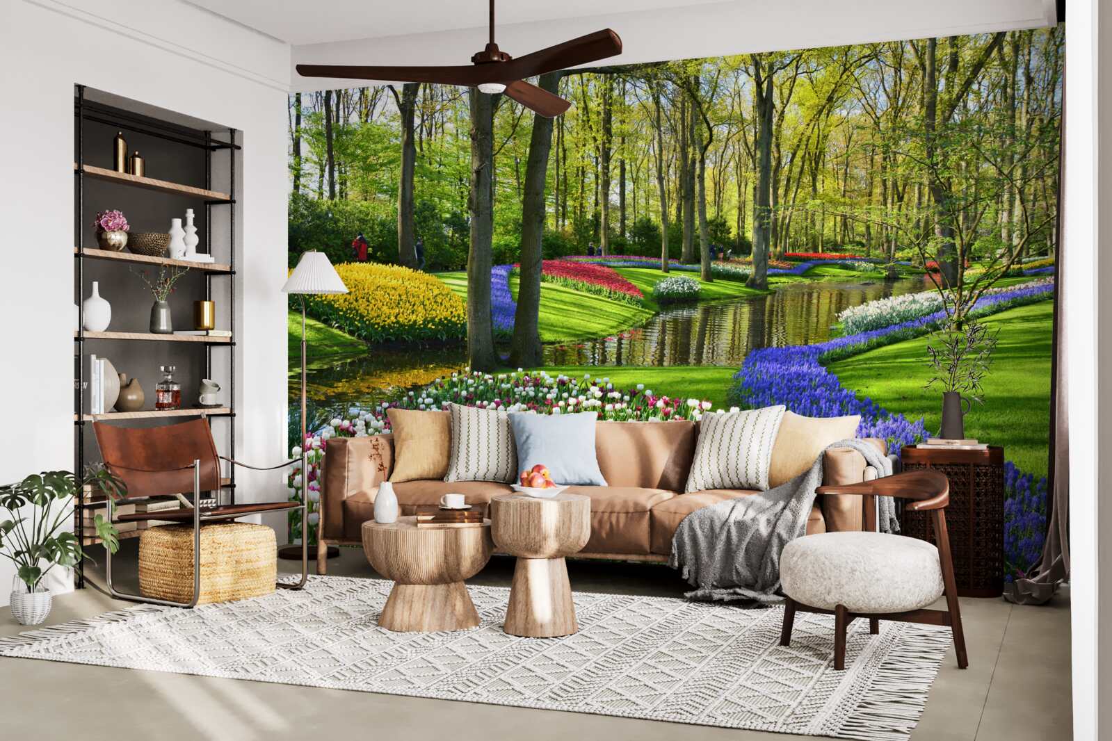 Фотошпалери чудова доріжка з тюльпанами біля води